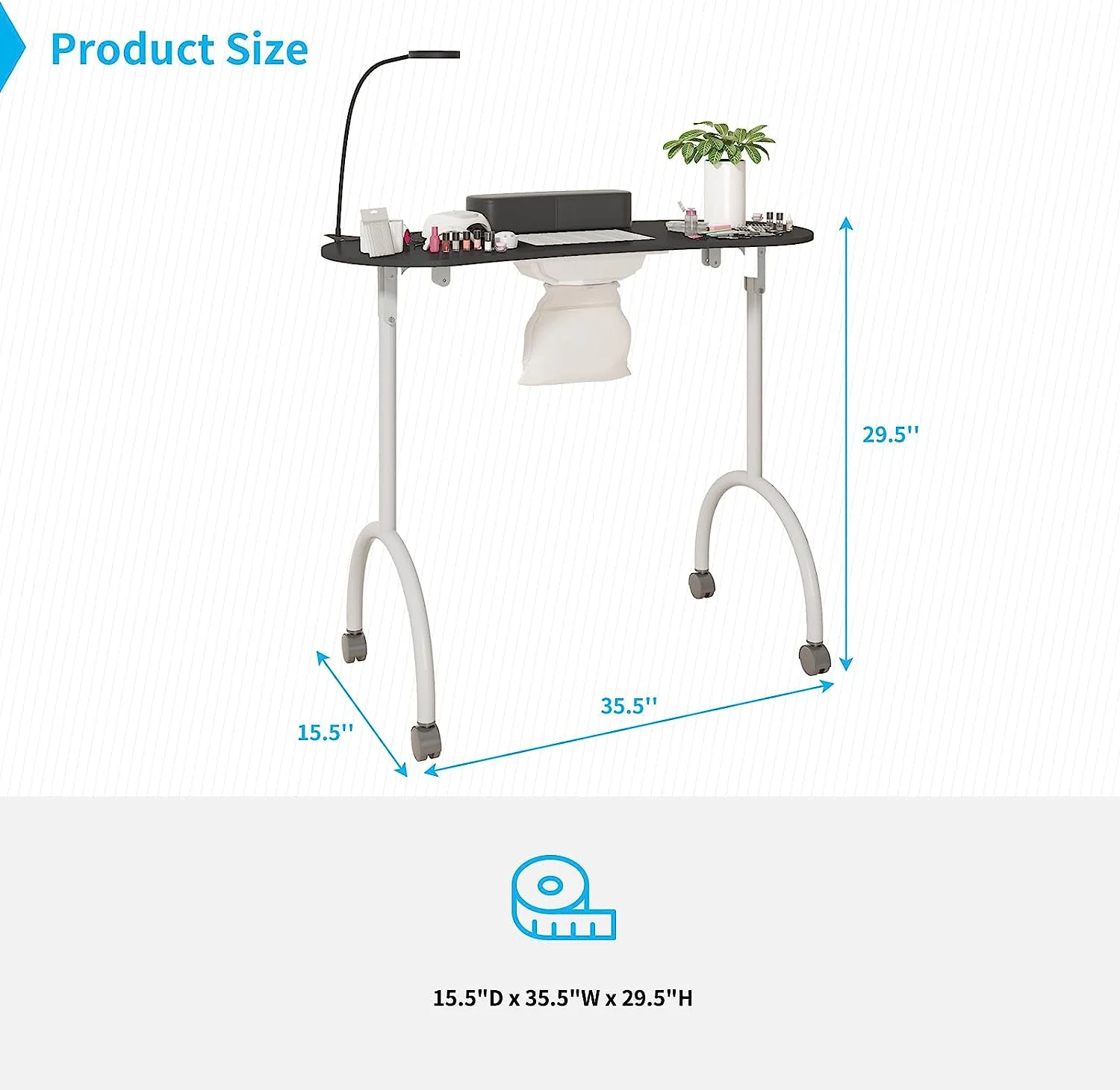 Muhub Portable Movable Manicure Nail Table, Pure Black Foldable Manicure Table with Dust Collector Fan, 4 Lockable Wheels and Carry Bag, LED Lamp, Professional Nail Desk with Wrist Cushion