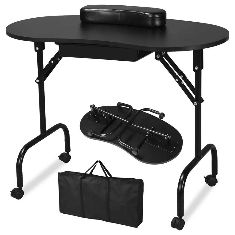 Alden Design Folding Manicure Table with Lockable Wheels and Bag, Black