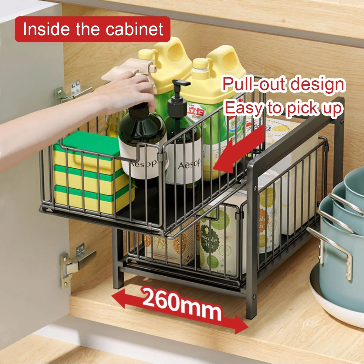 Sensch Under Sink Organizers 2-Tier Spice Rack Cabinet Organizer with Sliding Baskets Pull-Out Rack for kitchen