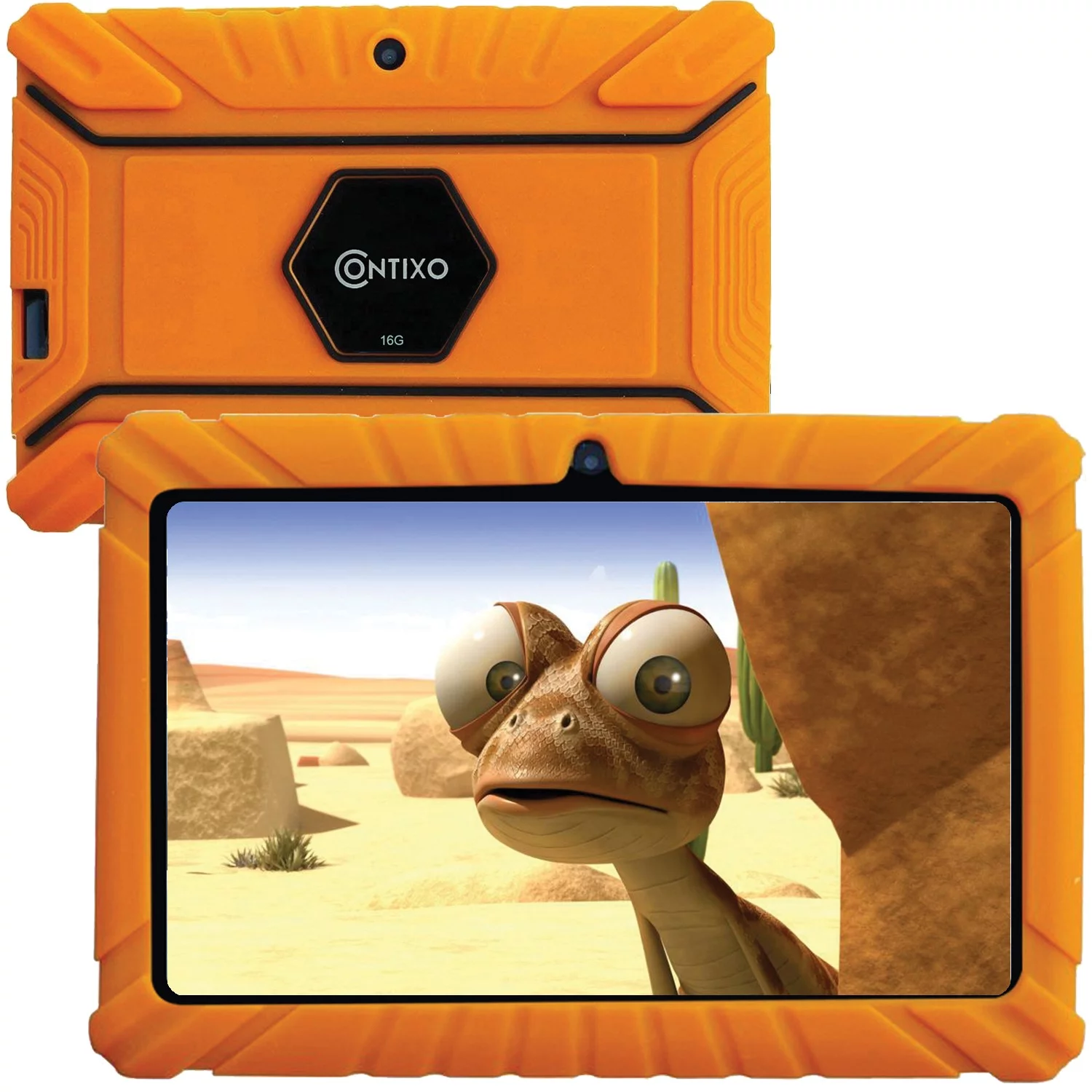 Contixo V8-2 Orange 7-Inch Kids Tablet with 16GB Storage & H1-Rabbit Kid's Fleece Headphones (Rabbit)
