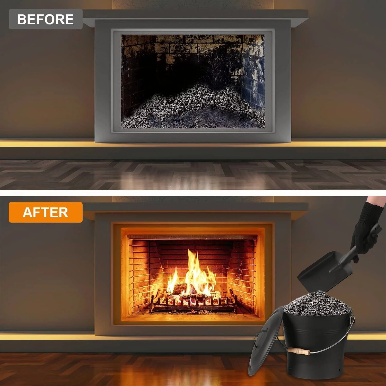 Fireplace Ash Bucket with Lid Shovel, Hand Broom and Gloves, 2.6 Gallon Charcoal