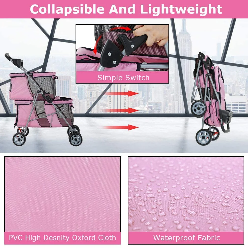 Dkelincs Double Tier Dog Stroller Cat Stroller Travel Folding Pet Stroller 4 Wheels Jogger Stroller with Removable Pad & Cup Holder, Pink