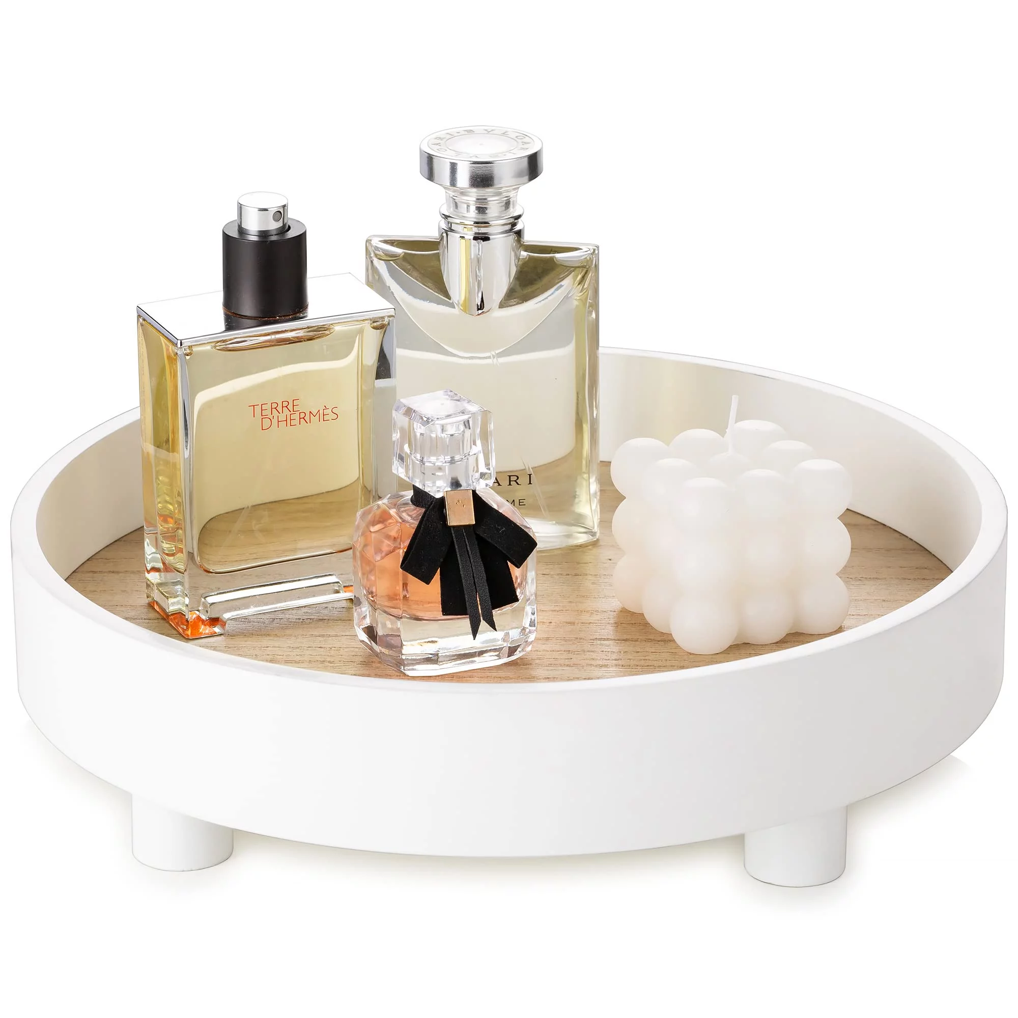 Hanobe Round Decorative Vanity Tray Bathroom Perfume Trays Circle White Pedestal Stand Wood Riser for Display Decor Dresser