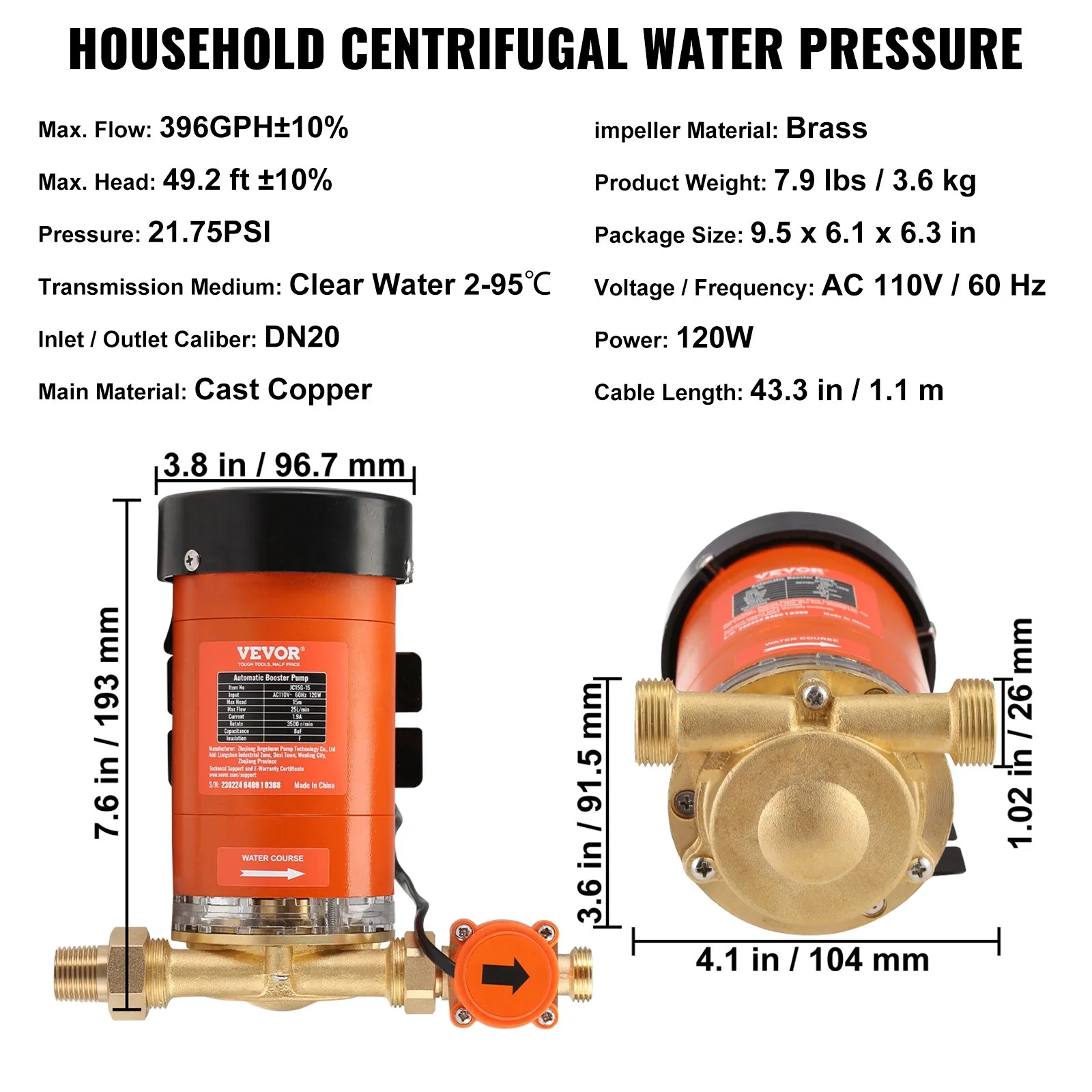 VEVOR 120W Water Pressure Booster Pump, 110V AC - 396 GPH, 21.75 PSI with Max Flow 25 L/min, Automatic Household Pump for Whole House and Shower, Includes Water Flow Switch