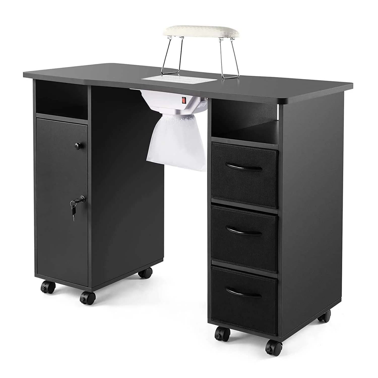 YiSHOP Manicure Table, Nail Beauty Manicure Desk, Nail Tech Table Station with Electric Downdraft Vent, Wrist Cushion, Lockable Wheels, Storage Drawers, Wooden Handle, Black