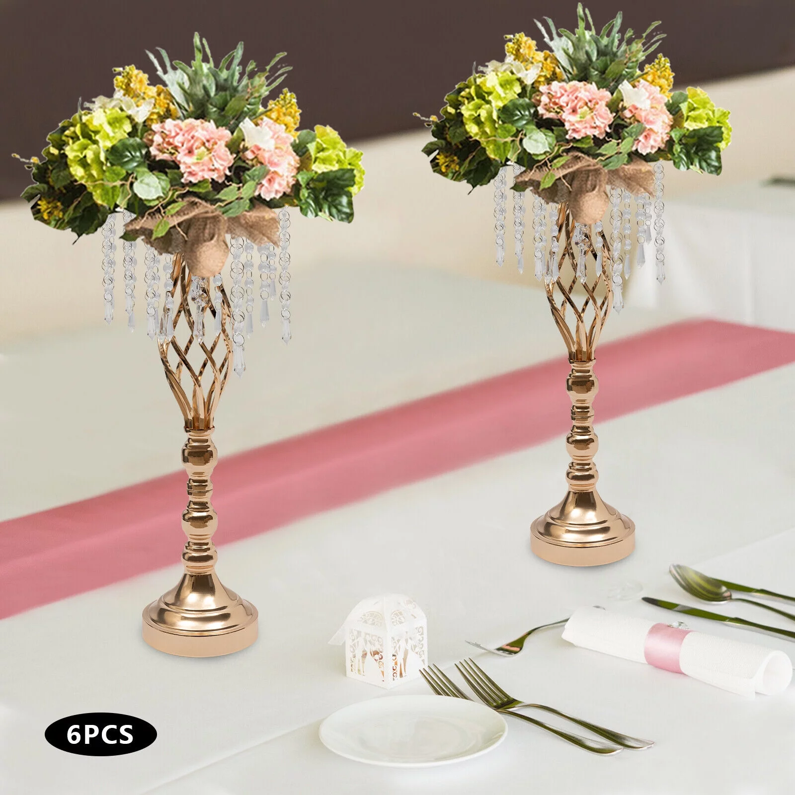 6PCS Crystal Flower Stands Gold DIY Vases Wedding Table Centerpieces 55cm Tall