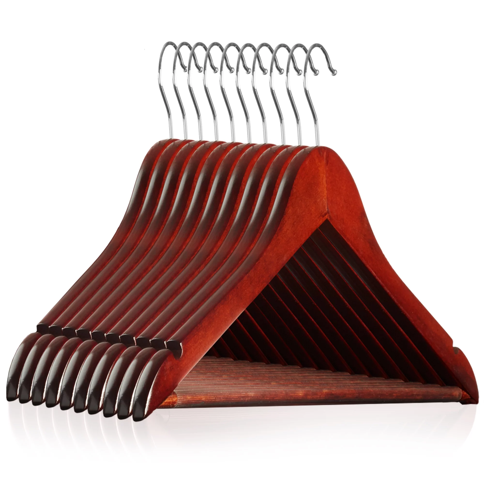 Casafield 10 Wooden Suit Hangers, Cherry - Non-Slip Pant Bar & Swivel Hook