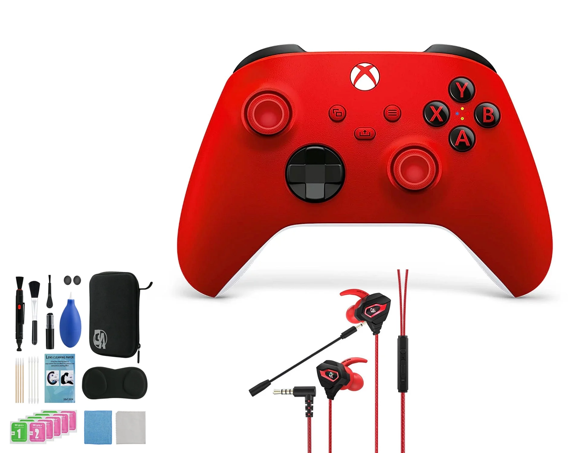 Microsoft Xbox Wireless Pulse Red Controller for Xbox Console + Wired Earbuds With Cleaning Kit BOLT AXTION Bundle Used