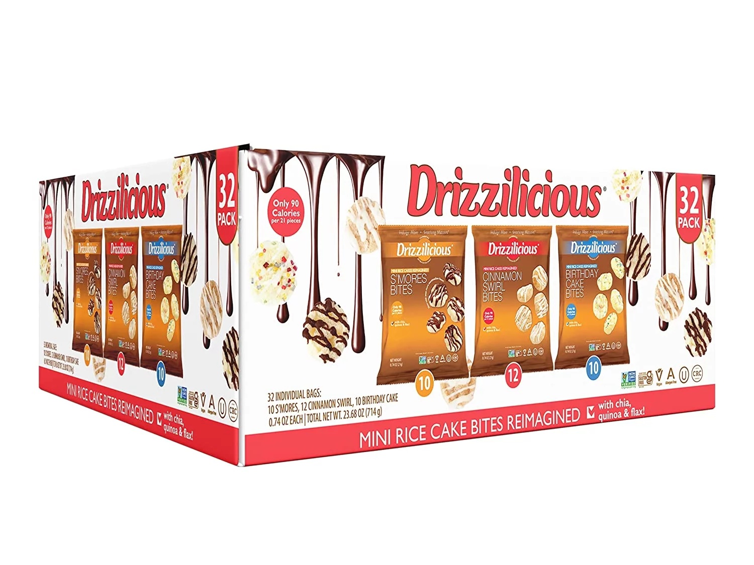 Drizzilicious Variety Pack .74oz 32 count | S'mores, Cinnamon Swirl and Birthday Cake | Mini Snack Chocolatey Rice Cakes | Vegan Air Popped Chia, Quinoa, Flax Snack …