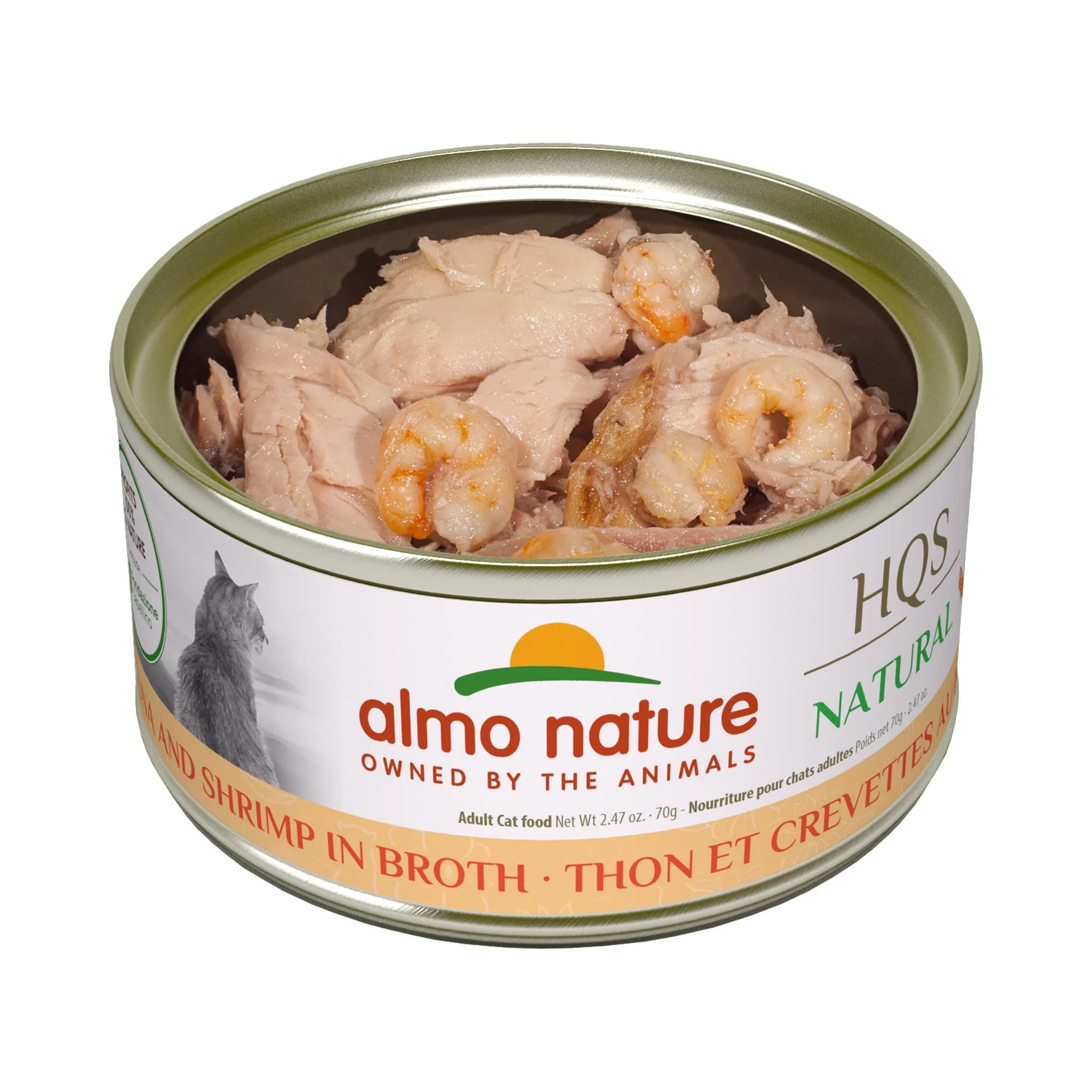 Almo Nature: HQS Natural Cat 24 Pack: Tuna & Shrimp In Broth - 2.47oz Cans, Supplemental Adult Cat Canned Wet Food, Limited Ingredient, Grain Free