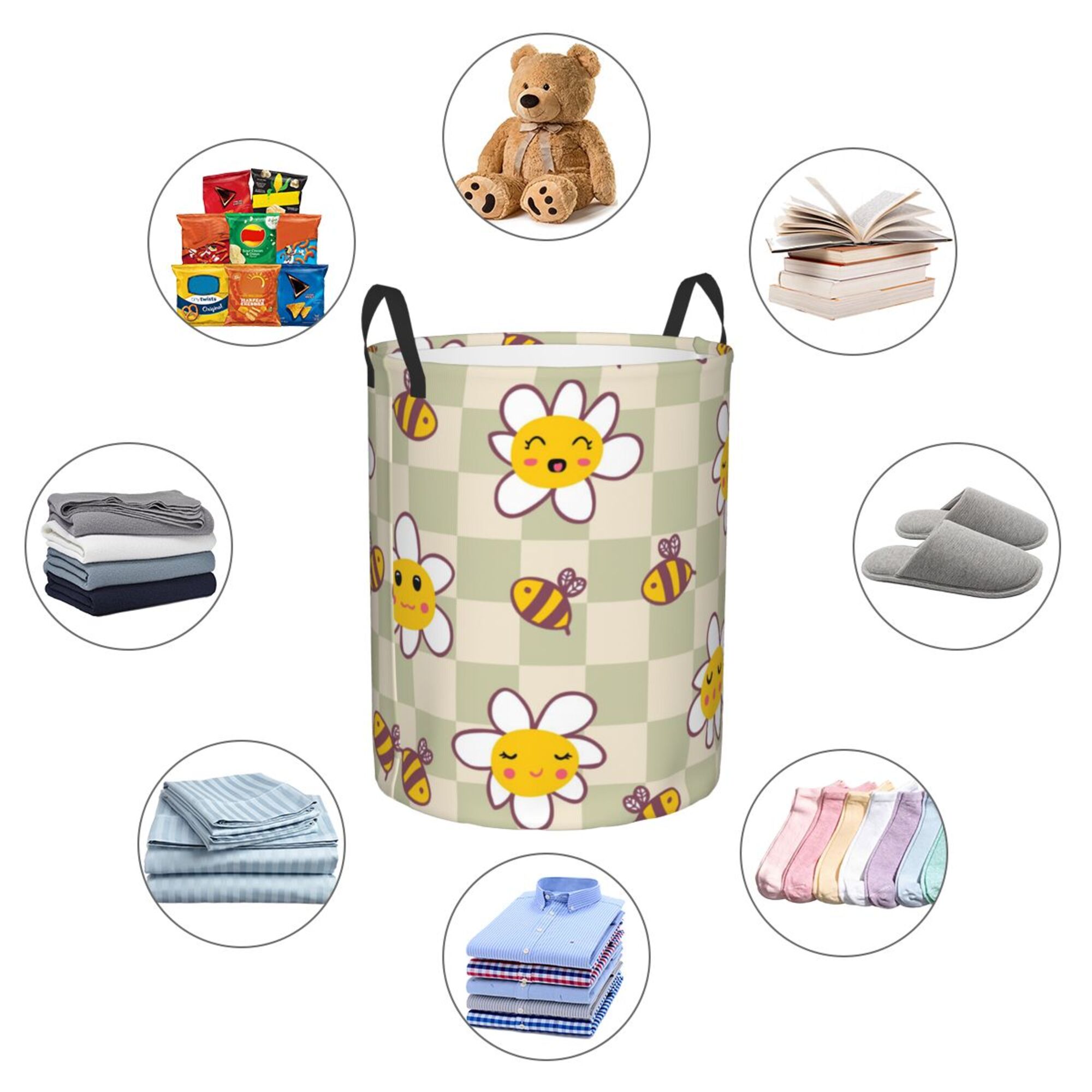 ZICANCN Laundry Basket Organizer, Retro Checkerboard Daisies Bees Collapsible Hamper for Bathroom Bedroom Laundry Room, Medium Size
