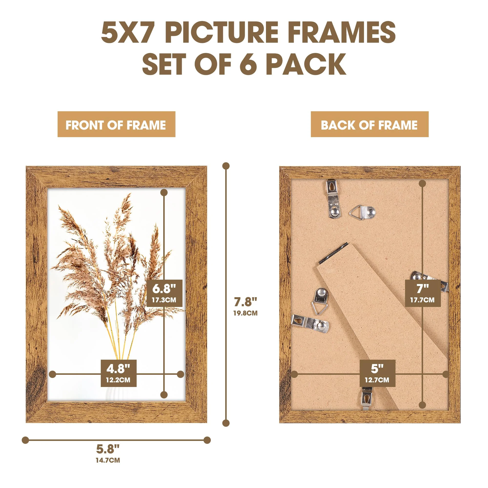 HOUSE DAY 5x7 Picture Frames Set of 6, Rustic Photo Frames Collage for Wall Decor Mounting or Table Display,Home Decorative Wall Gallery Picture Photo Frame Wood Brown,Walnut