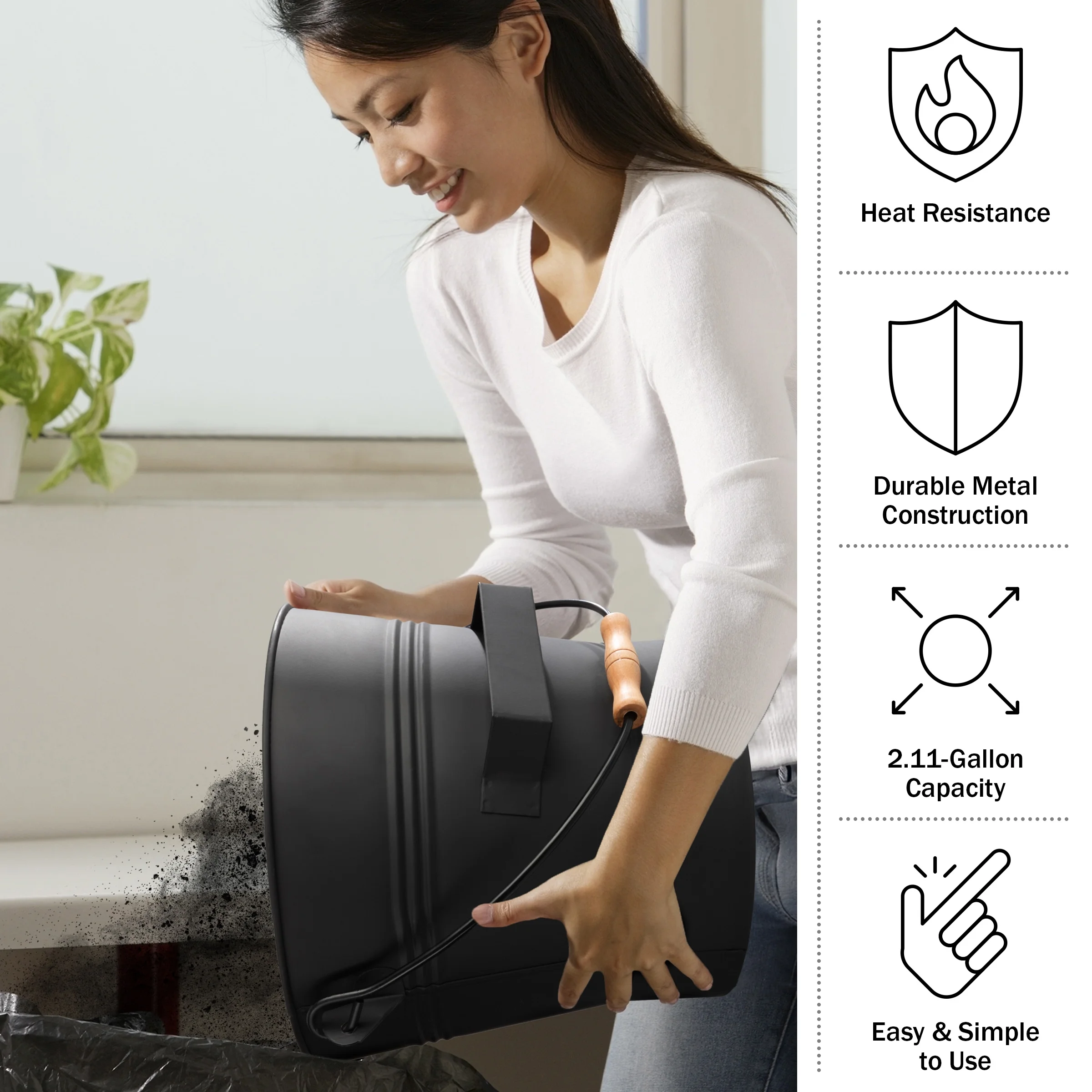 Pure Garden 2.11Gal Metal Ash Bucket with Lid, Broom, and Shovel (Black)