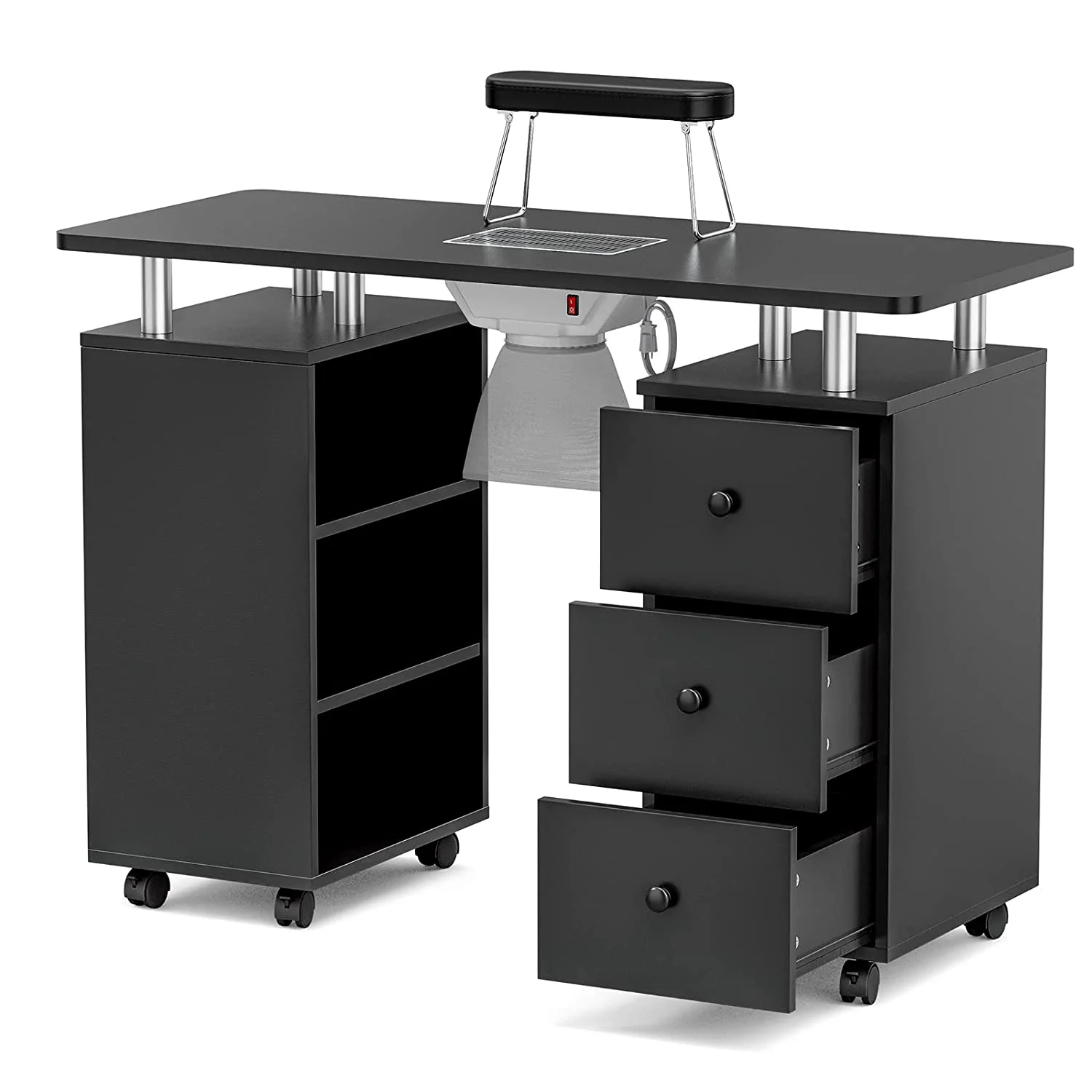 YiSHOP Manicure Table, Nail Beauty Manicure Desk Nail Table Station for Nail Tech w/Electric Downdraft Vent, Foldable Nail Arm Rest, Lockable Wheels, Storage 3-Tier Shelves & Drawers (Black)
