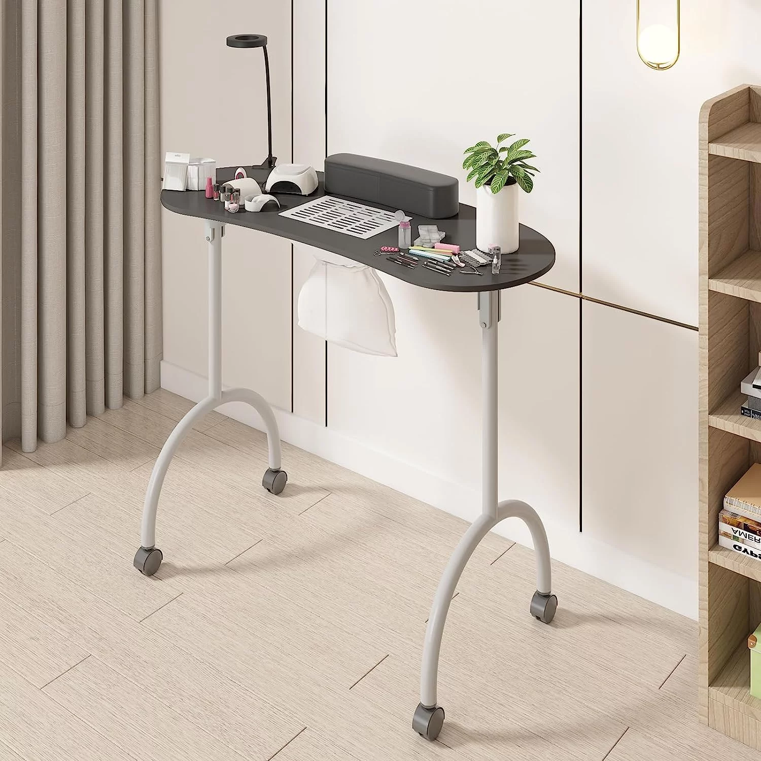 Muhub Portable Movable Manicure Nail Table, Pure Black Foldable Manicure Table with Dust Collector Fan, 4 Lockable Wheels and Carry Bag, LED Lamp, Professional Nail Desk with Wrist Cushion