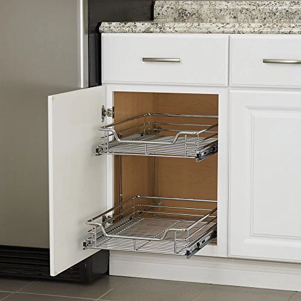 C21521-1 Glidez 2-Tier Sliding Organizer - Dual Pull Out Cabinet Shelf - Chrome - 14.5 Inches Wide