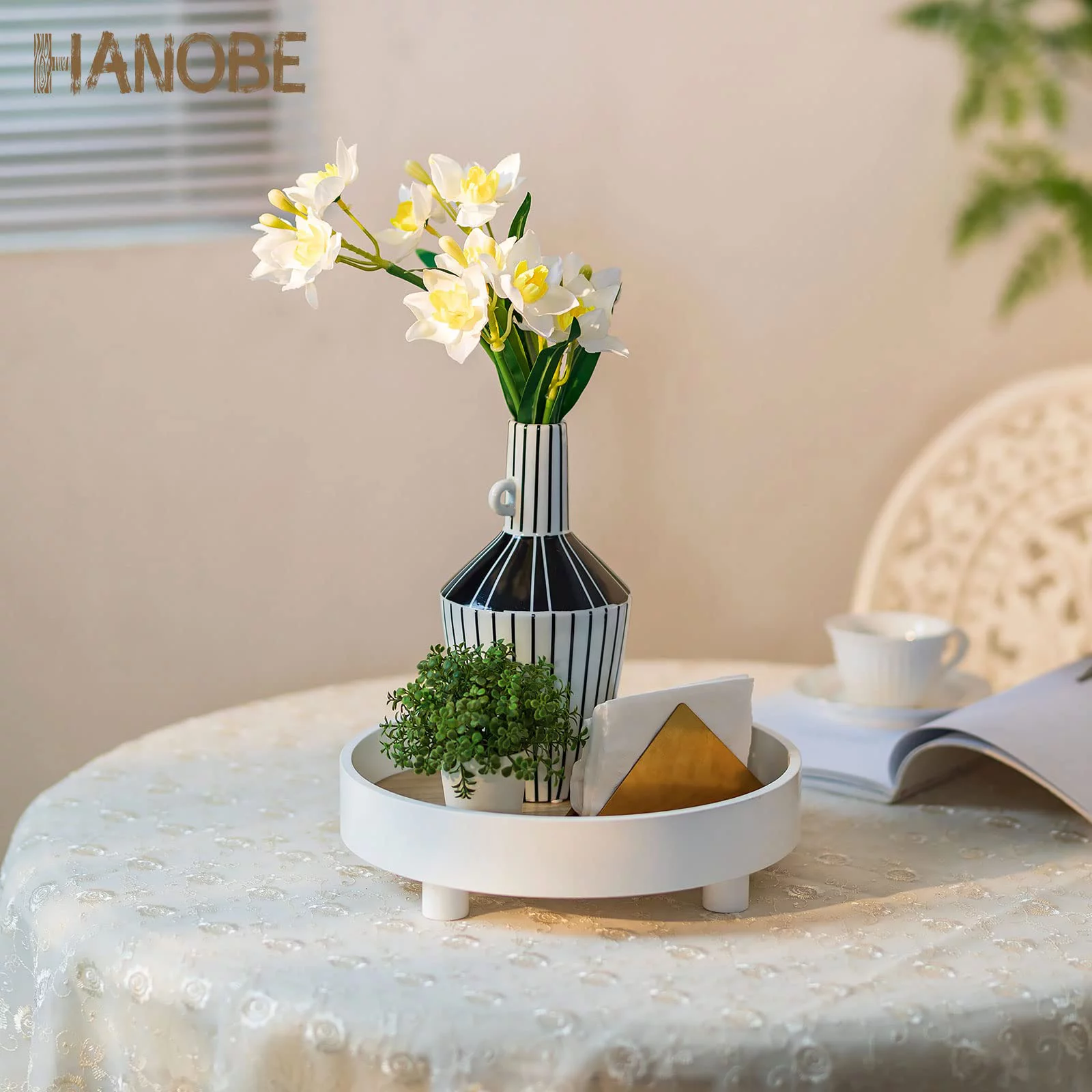Hanobe Round Decorative Vanity Tray Bathroom Perfume Trays Circle White Pedestal Stand Wood Riser for Display Decor Dresser