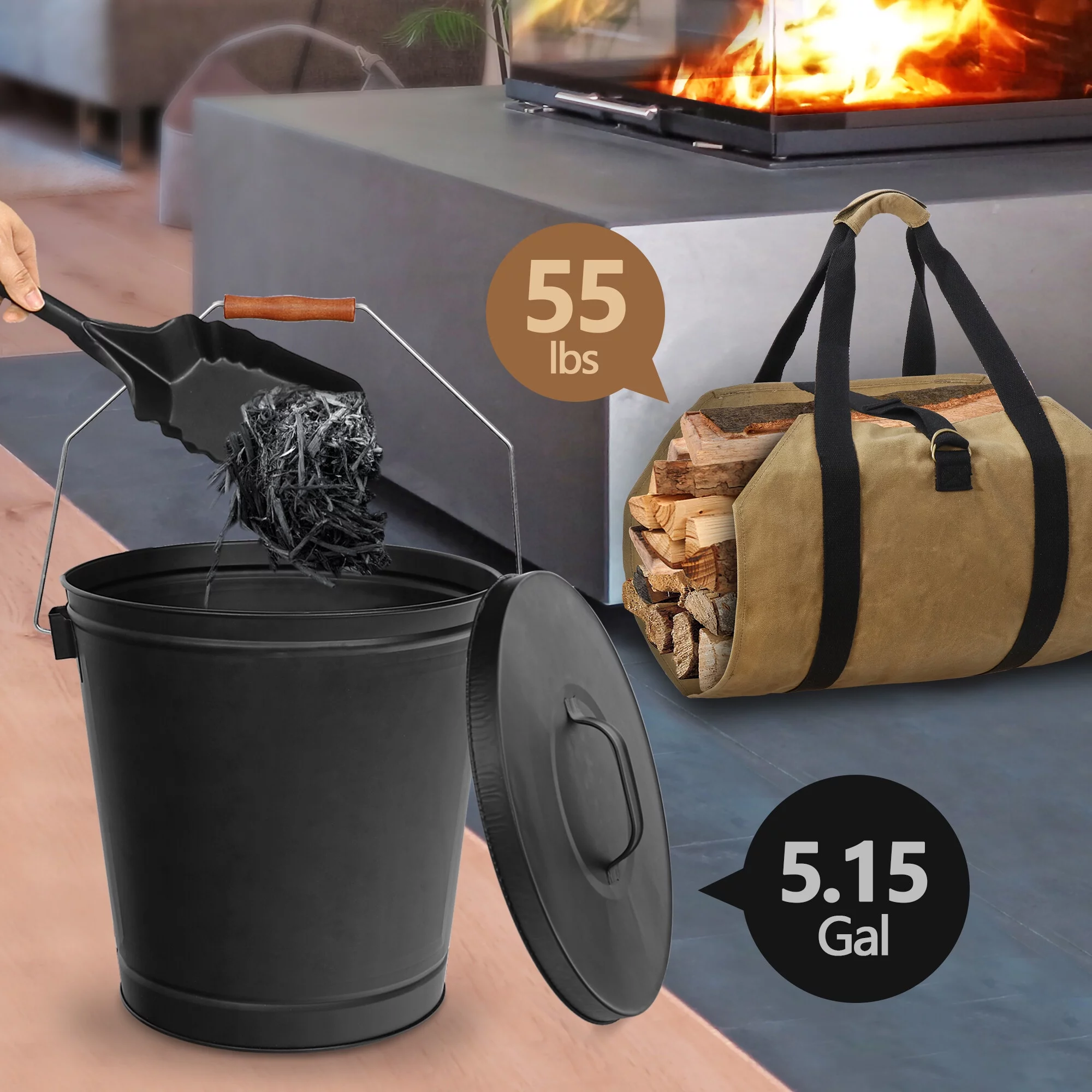 HomGarden 5.15Gal Galvanized Ash Bucket W/Lid & Shovel + Firewood Log Carrier Tote
