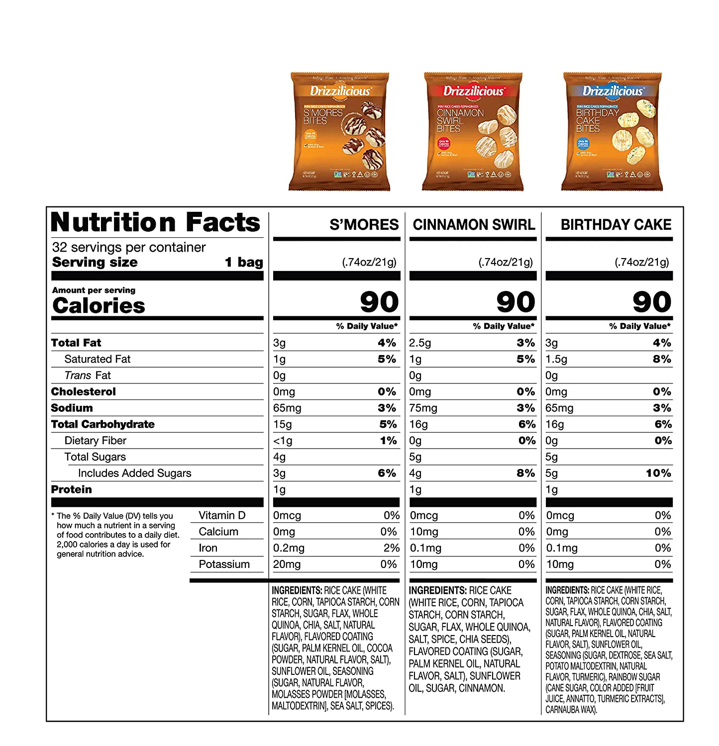 Drizzilicious Variety Pack .74oz 32 count | S'mores, Cinnamon Swirl and Birthday Cake | Mini Snack Chocolatey Rice Cakes | Vegan Air Popped Chia, Quinoa, Flax Snack …