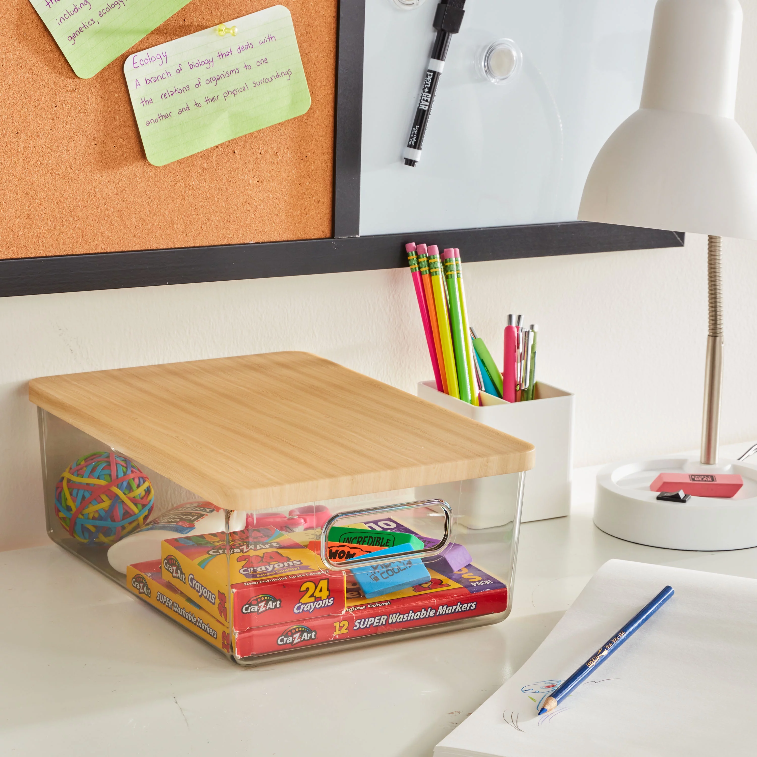 Pen+Gear Organizational Storage Box with Woodgrain Pattern Lid, Silver Gray