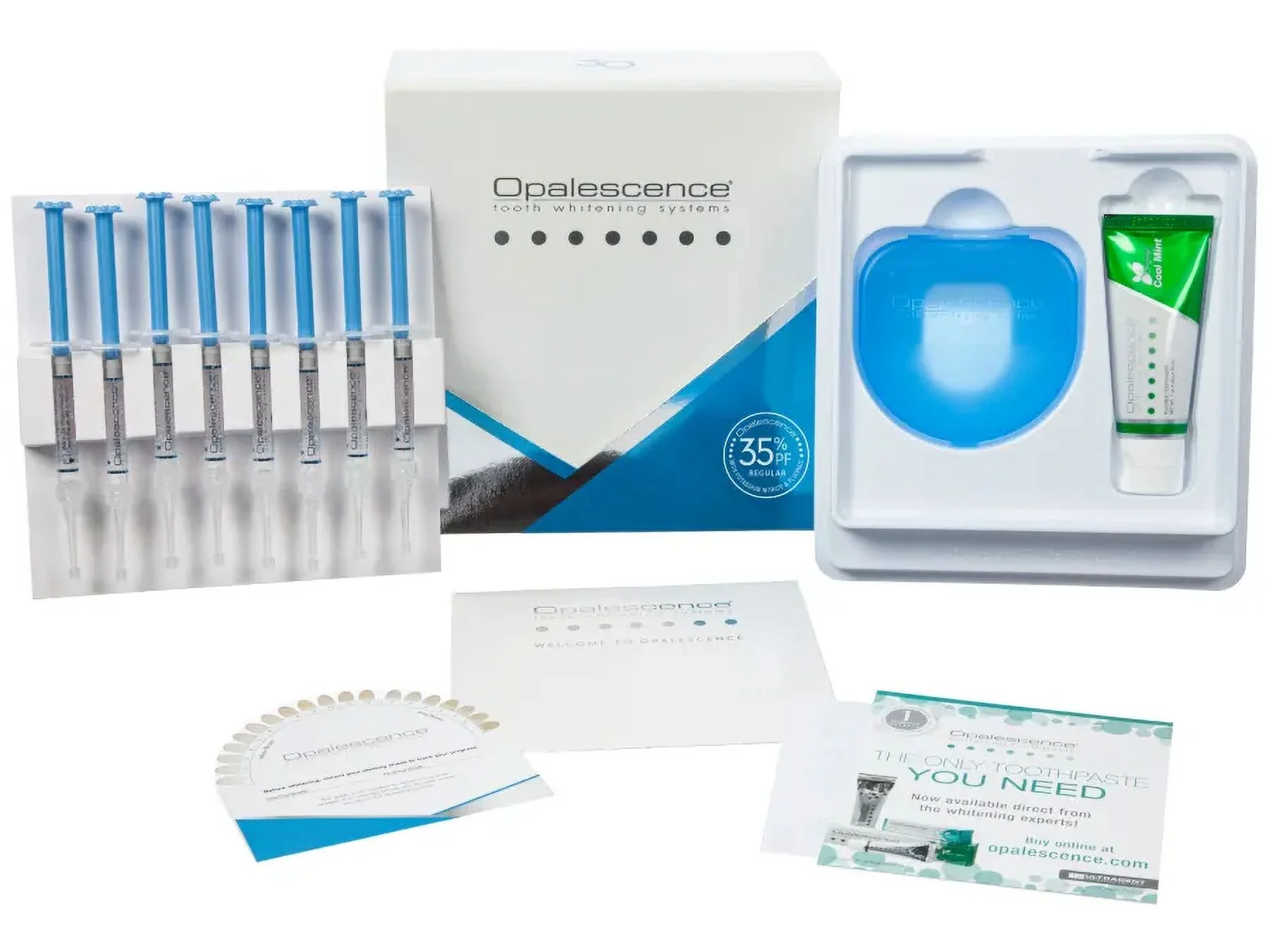 Opalescence PF 35% Maximum Strength Tooth Whitening Gel Kit - 8 Syringes with Custom Trays and Whitening Toothpaste