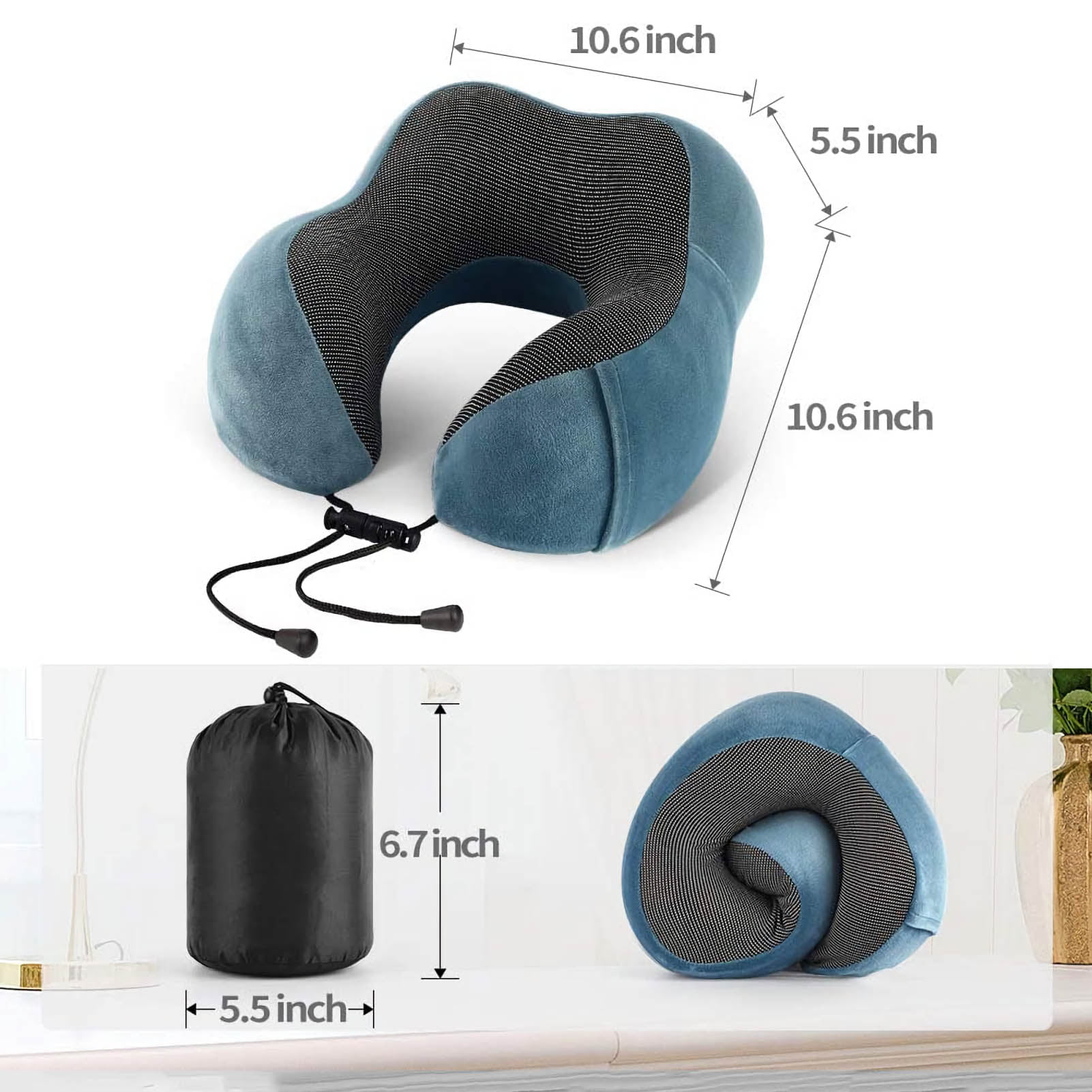 Axidou Travel Neck Pillow with 100% Memory Foam, Includes Travel Pillows Kit with Storage Bag, Blue