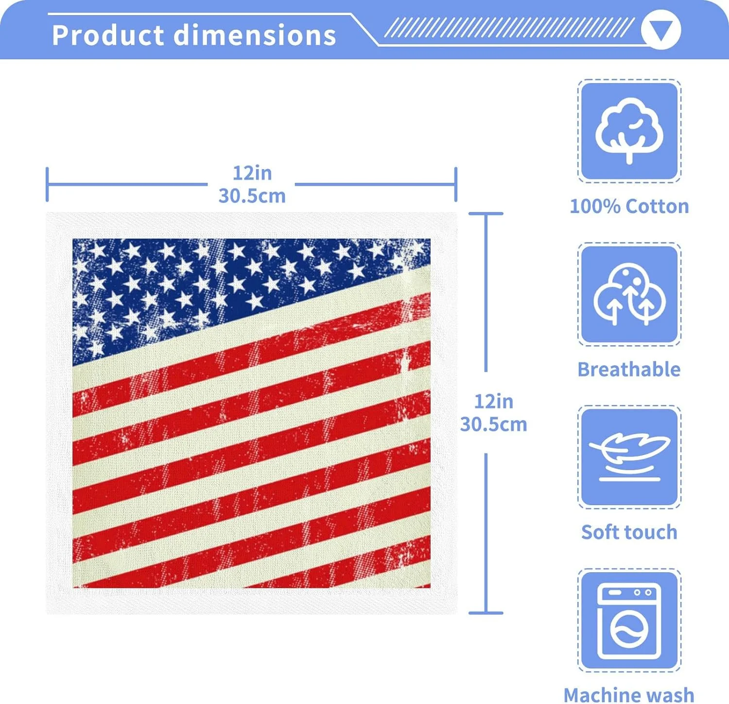 Coolnut Retro American Flag Wash Cloths 4 Pack - 12 x 12 Inch Super Soft Washcloths for Your Face and Body - 100% Cotton Highly Absorbent Baby Face Towel Washcloth Gift