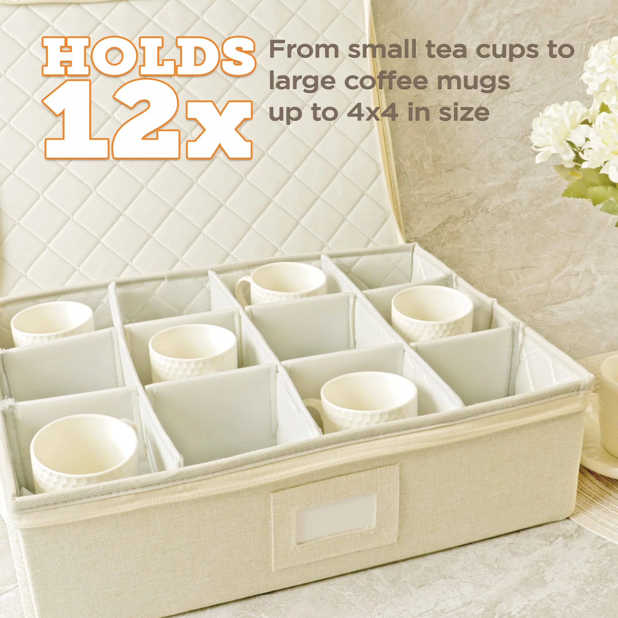 storageLAB Cup and Mug Storage Containers for Kitchen Organization - Quilted, Hard Case Stackable Storage Bin with Dividers, Double Zippers, & Label Windows - Holds 12 Coffee Mugs & Tea Cups - Cream