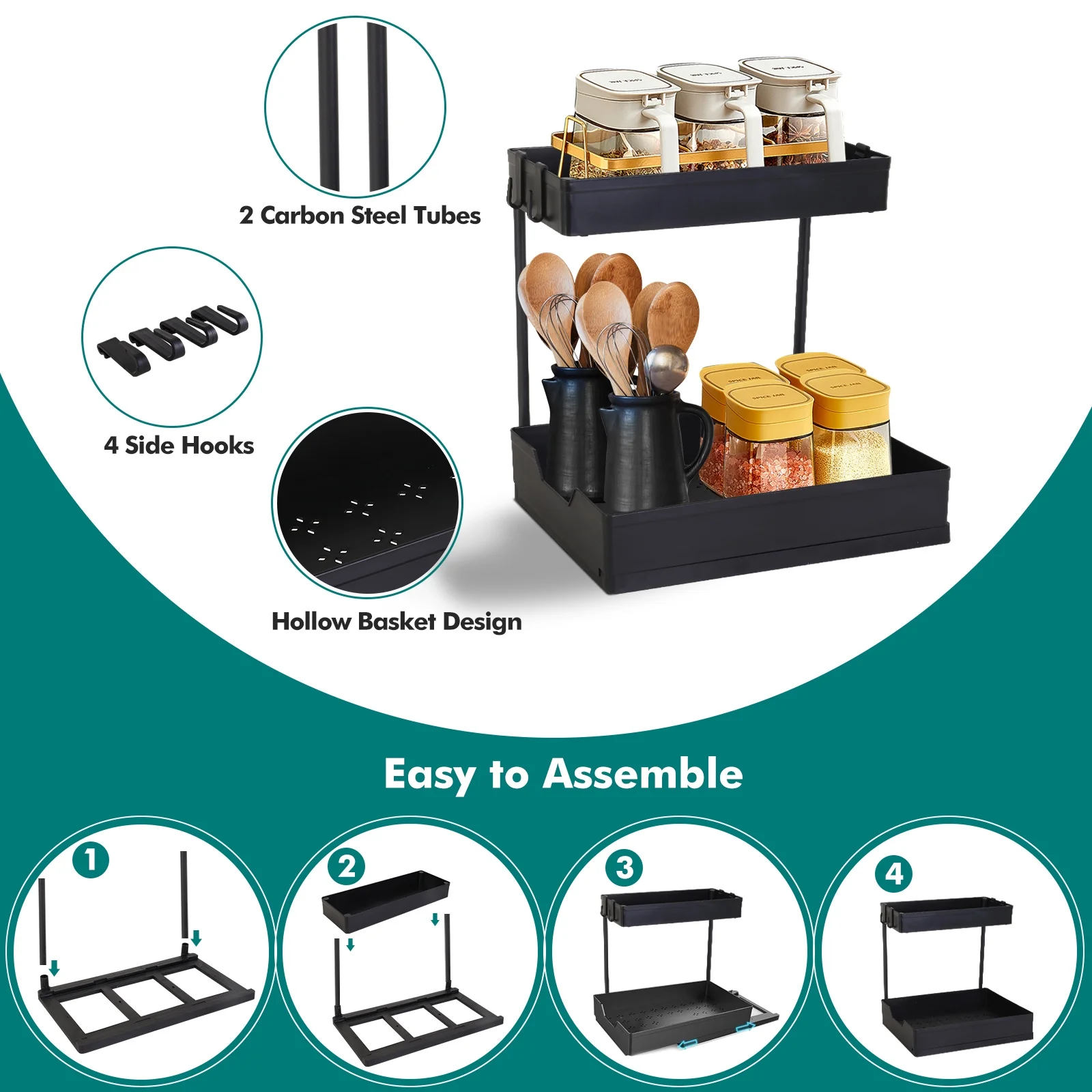 Under Sink Organizers and Storage 2 Packs, 2 Tier Pull Out Cabinet Organizer L-shaped, Sliding Under Bathroom Kitchen Sink Shelf, Multi-Purpose Organization and Storage for Bathroom Kitchen Cabinet