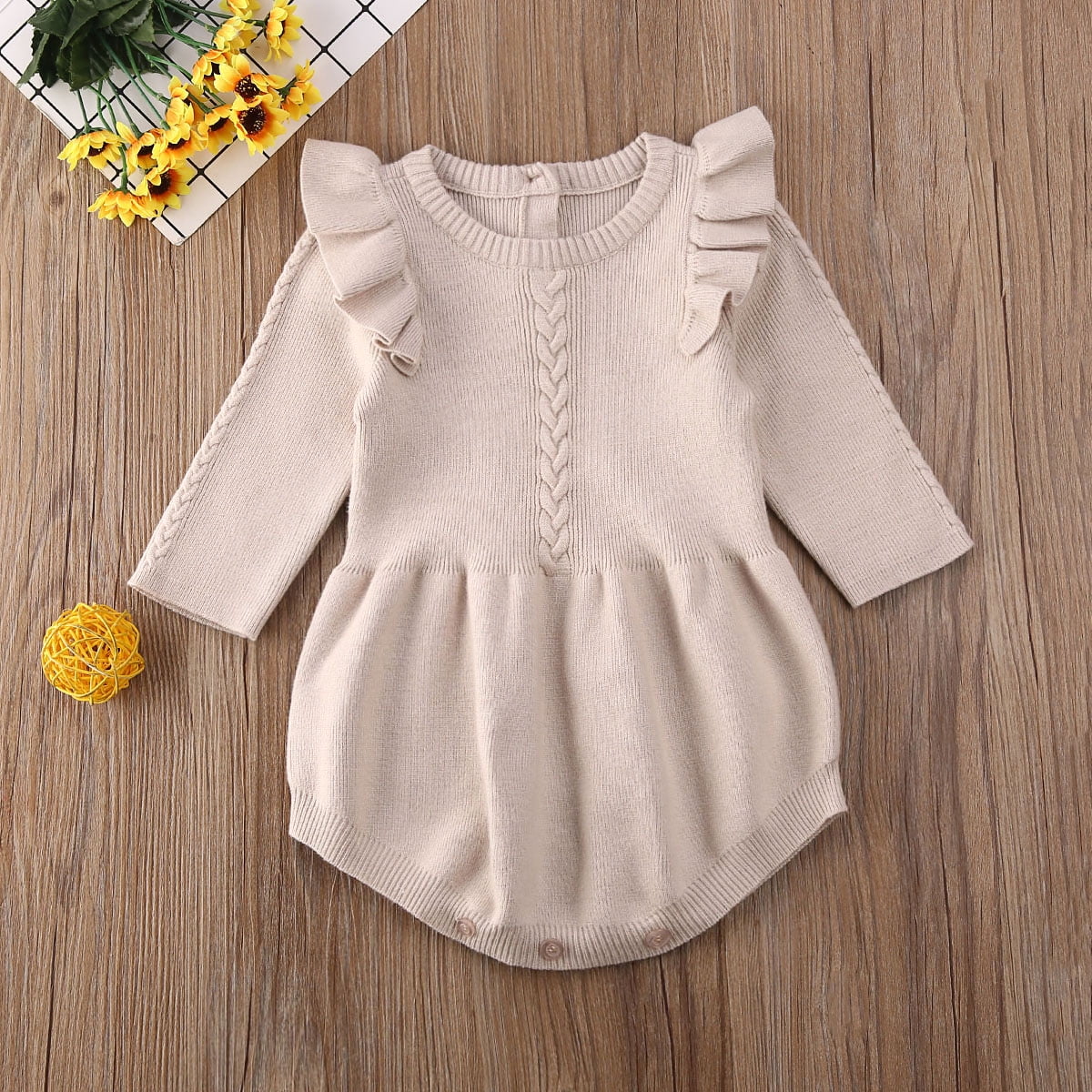 Spring hue Baby Girls Knitted Sweater Romper Long Sleeve Ruffle Button Bodysuit Jumpsuit Clothes
