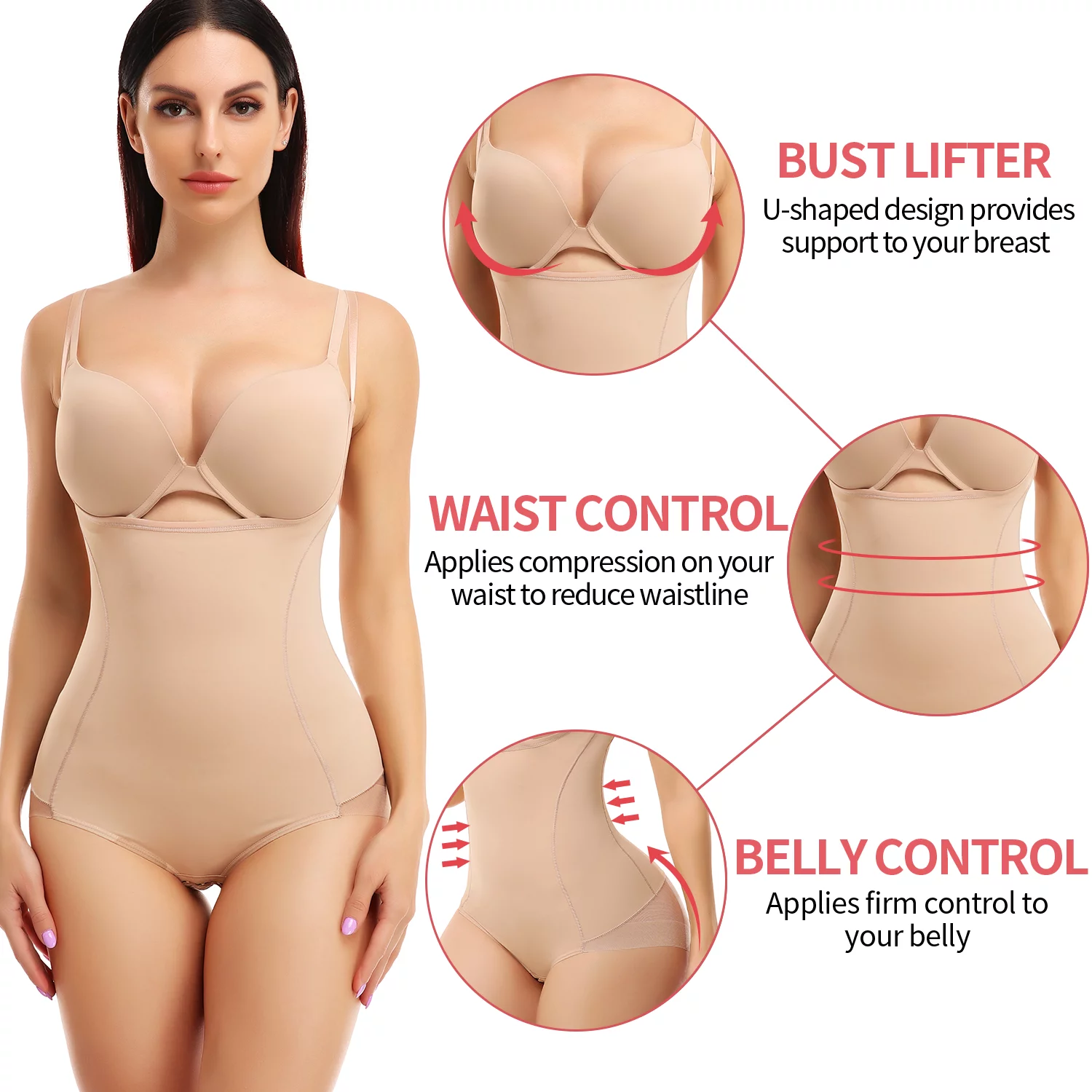 FITVALEN Women Shapewear Tummy Control Fajas Colombianas Open Bust Bodysuit Slimmer Body Shaper