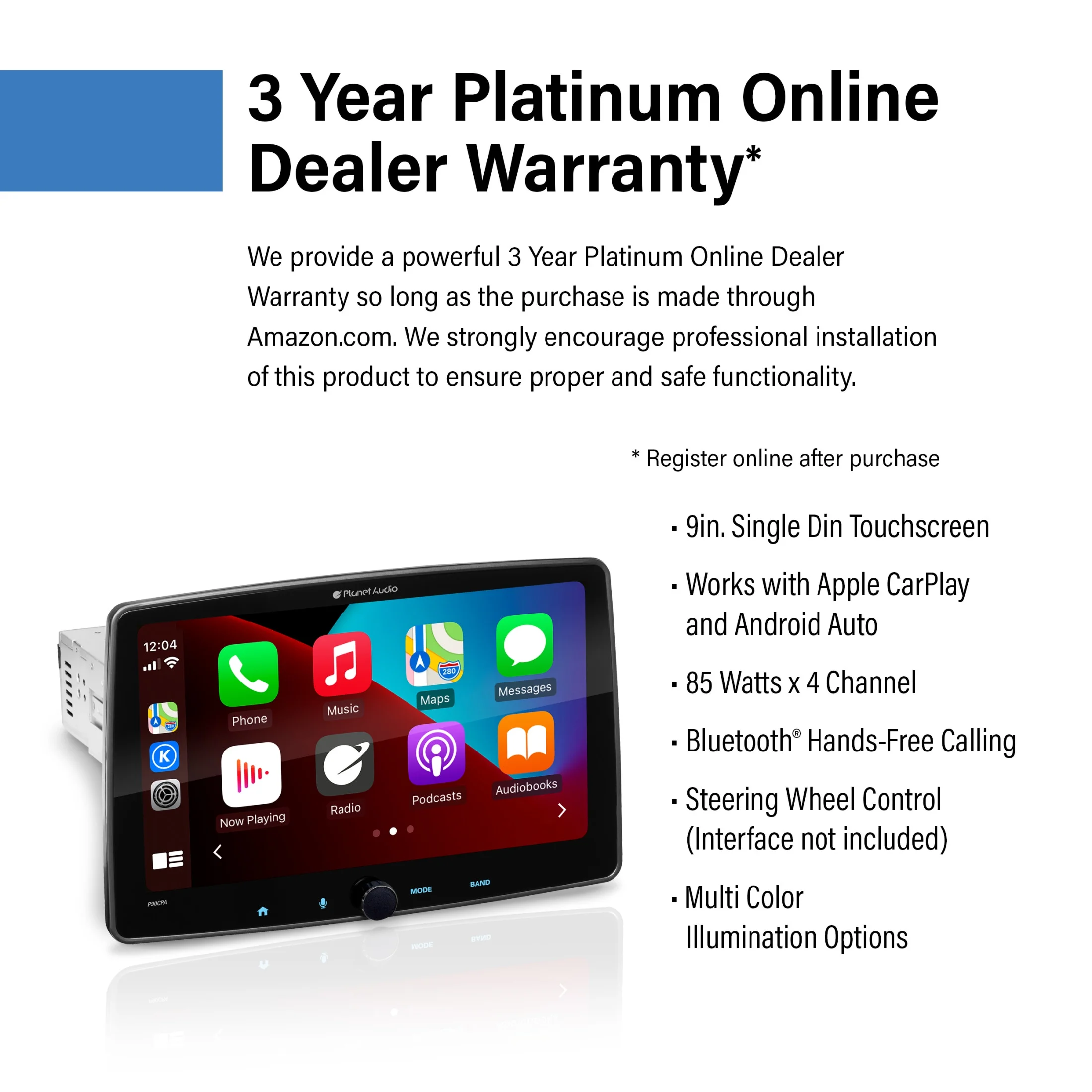 Planet Audio P90CPA Car Stereo - Apple CarPlay, Android Auto, Single Din, 9 Inch Capacitive Touchscreen, Bluetooth, No CD DVD Player, AM/FM Radio Receiver