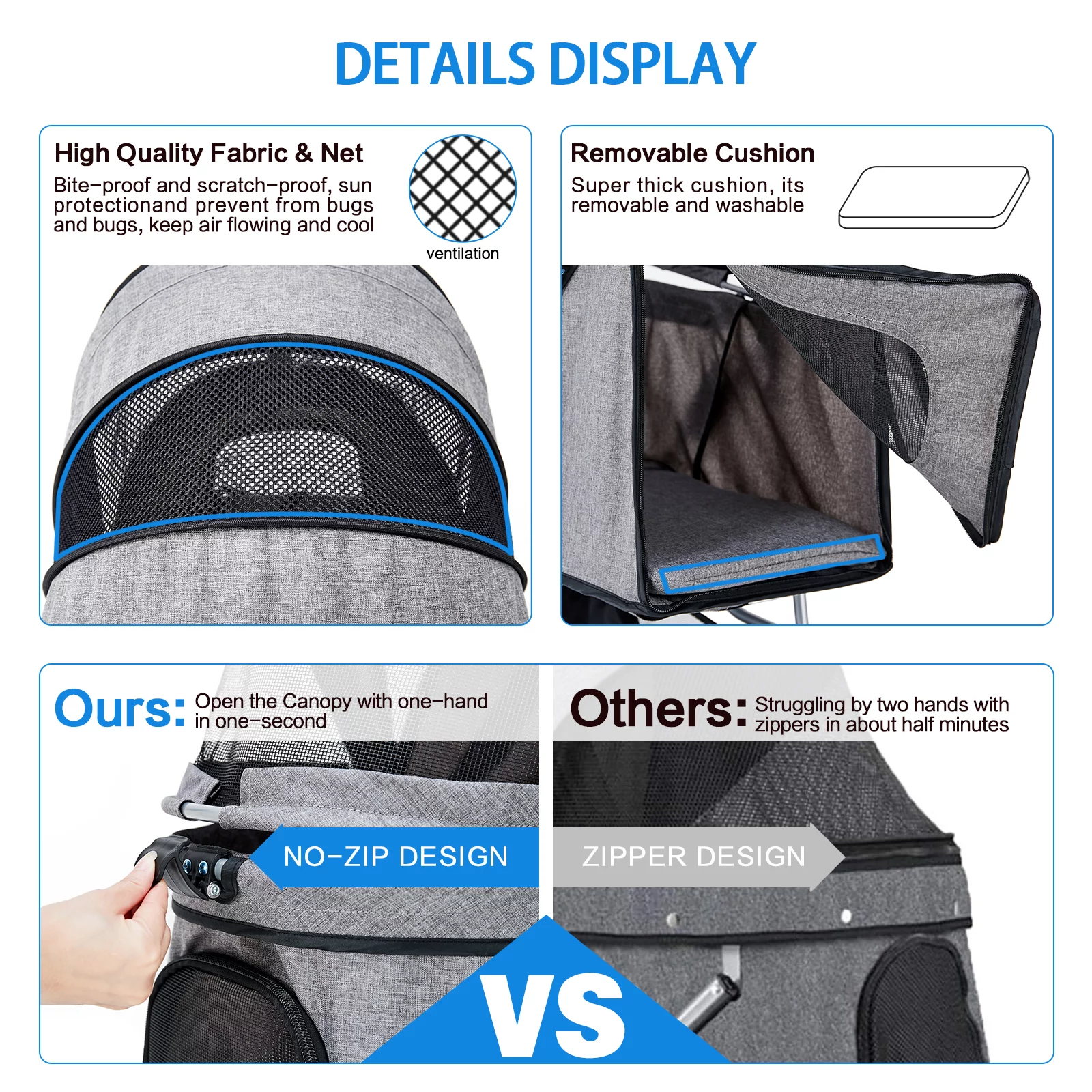 Pet Stroller 4 Wheel with Storage Basket and Cup Holder Foldable Lightweight Trolley for Small Medium Cats & Dogs-Gray