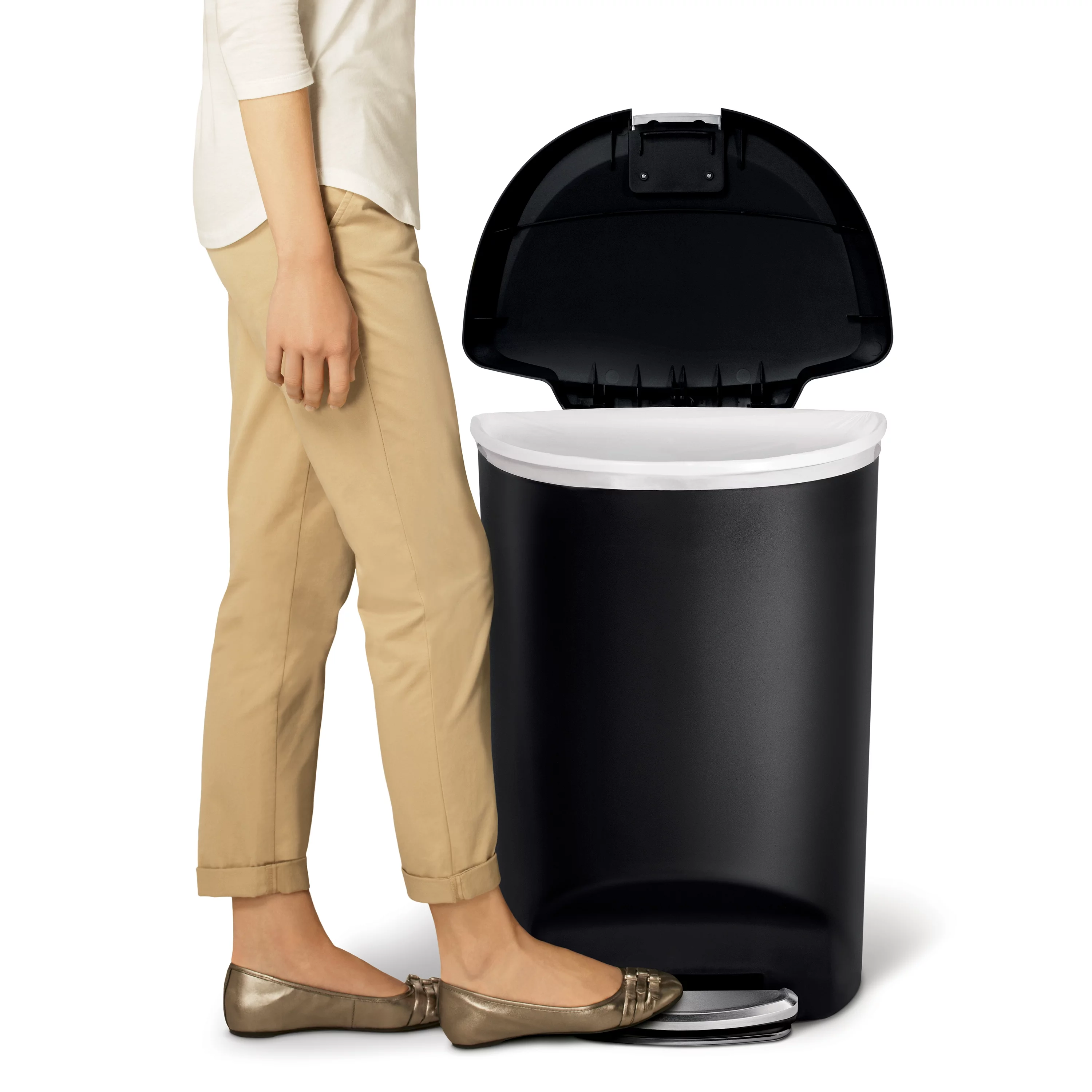 simplehuman 13 Gallon Trash Can, Black Plastic Semi-Round Step Kitchen Trash Can with Secure Slide Lock