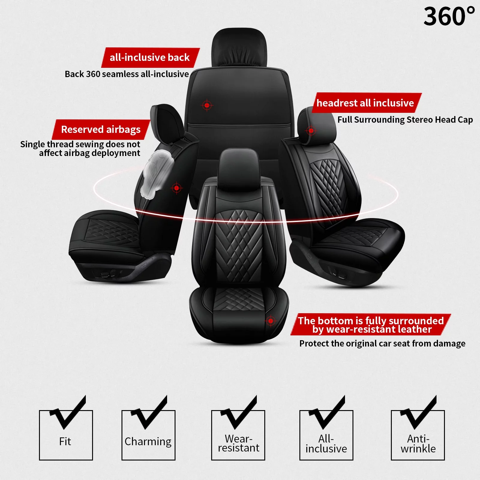 AOMSAZTO Car 5-Seat Covers Front & Rear Full Set Faux Leather Seat Cushion Protector Waterproof Black For Nissan Rogue 2014-2023