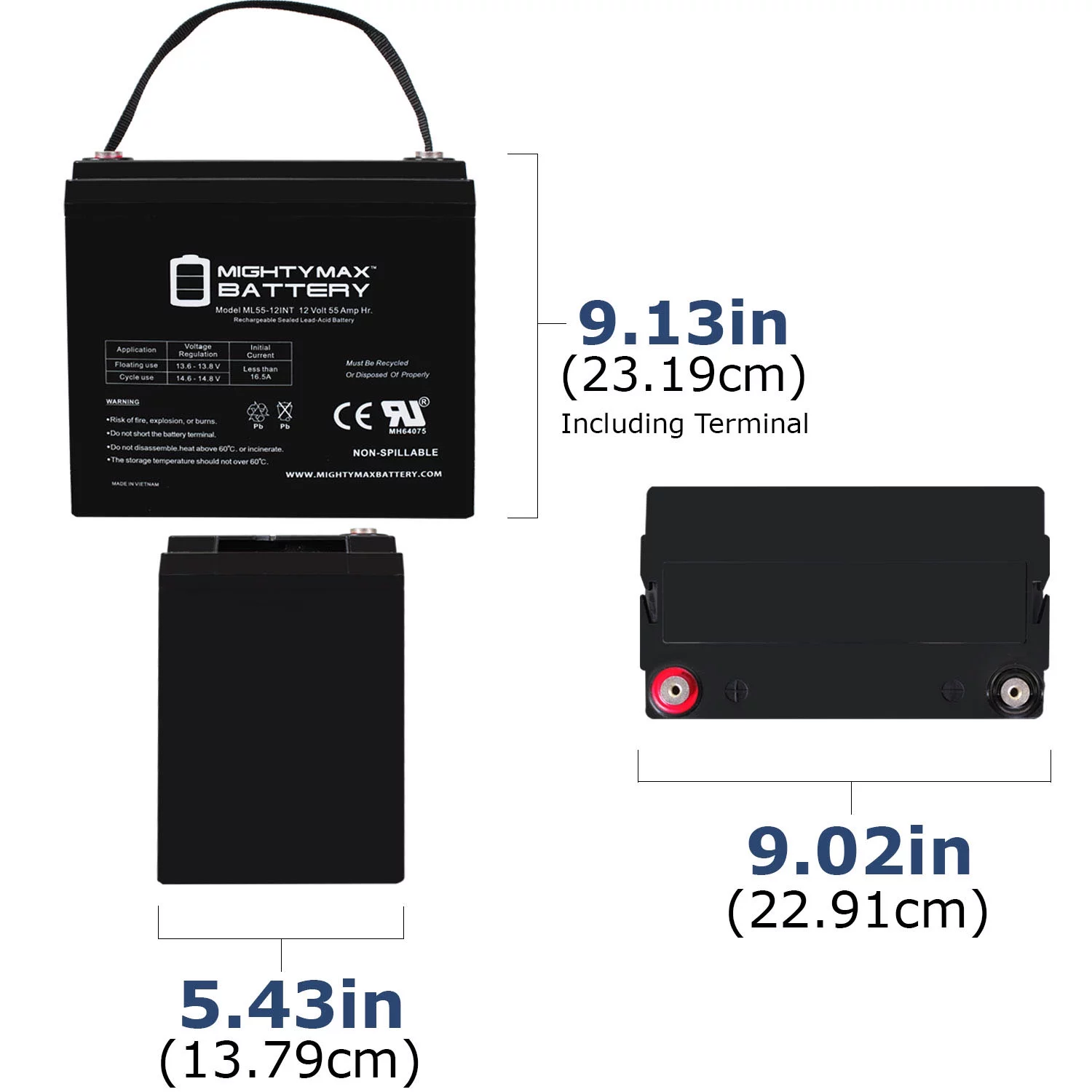 ML55-12INT -12 Volt 55 AH, Internal Thread (INT) Terminal, Rechargeable SLA AGM Battery
