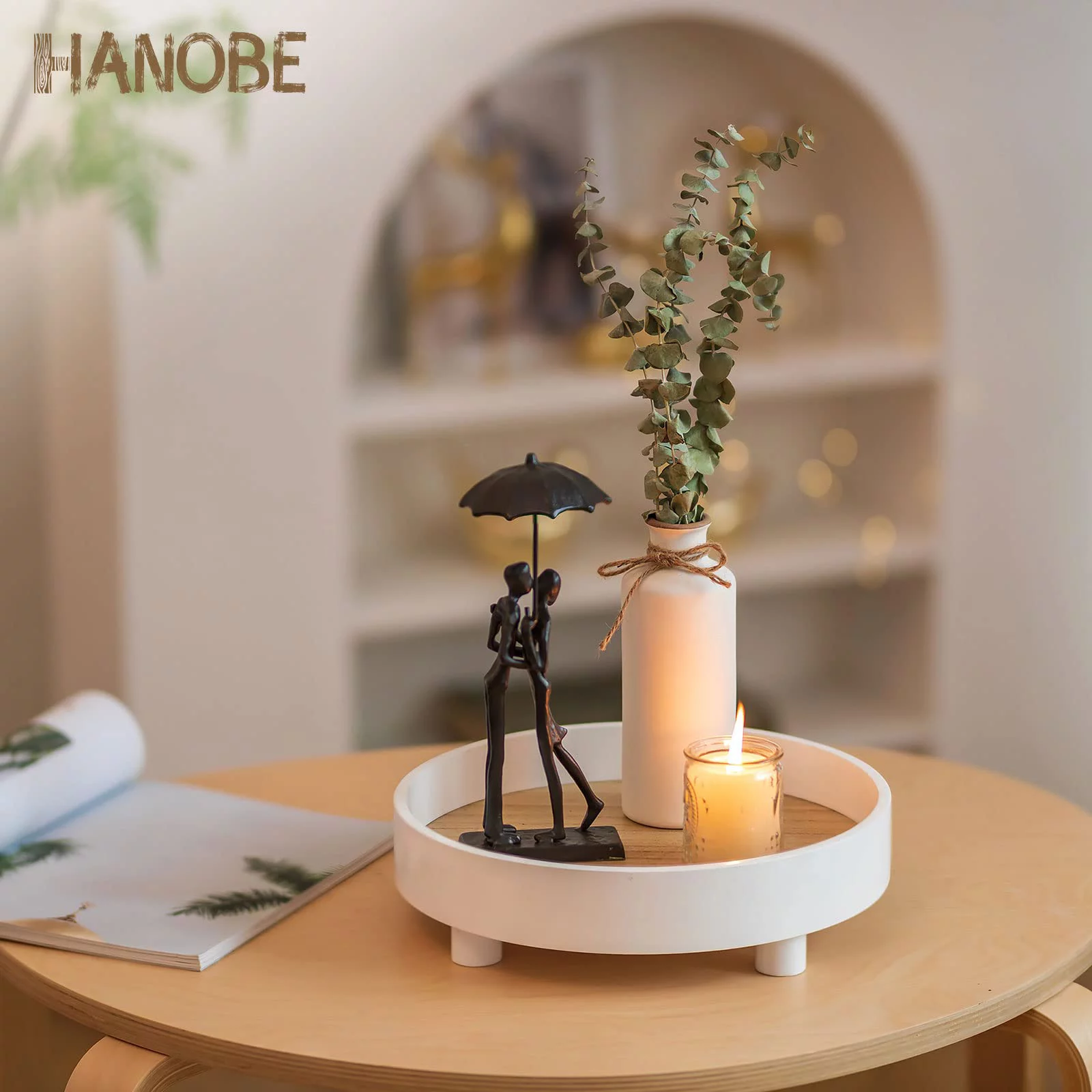 Hanobe Round Decorative Vanity Tray Bathroom Perfume Trays Circle White Pedestal Stand Wood Riser for Display Decor Dresser