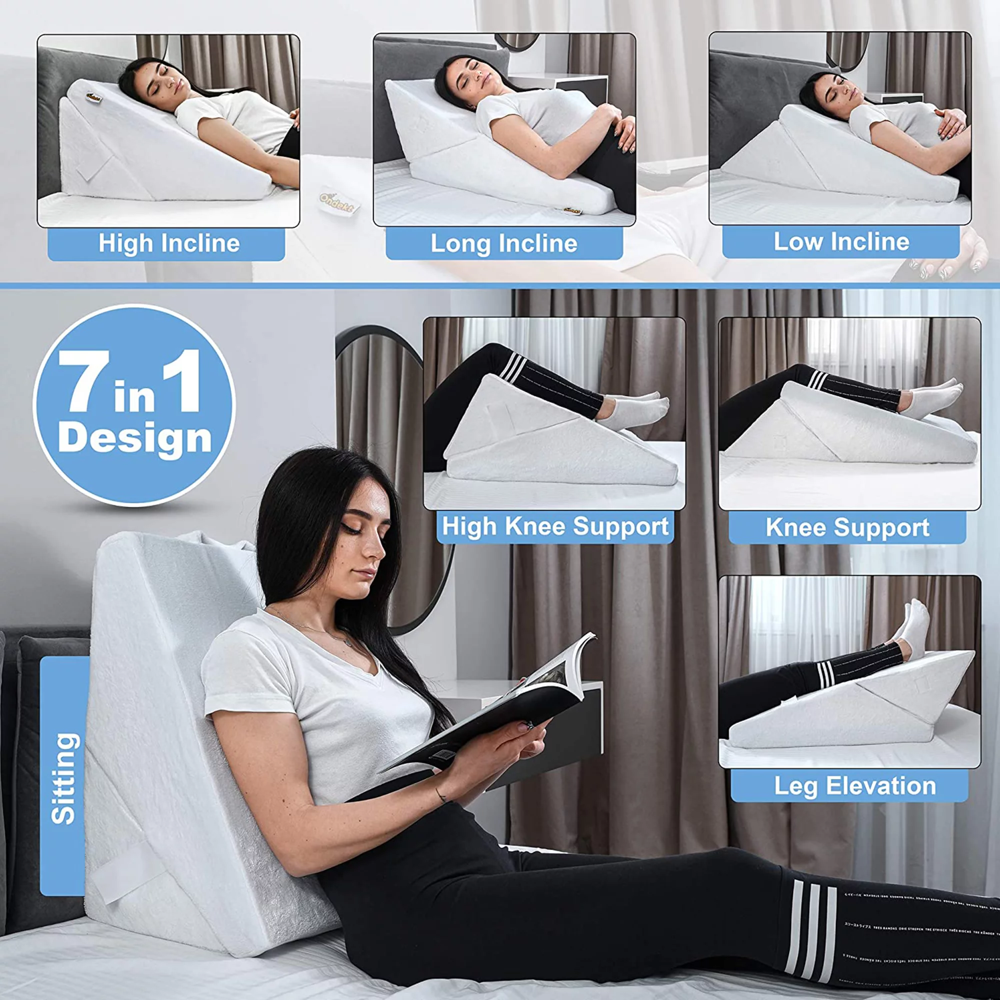 ONDEKT Wedge Pillow for Sleeping Multipurpose Pillows with Cooling Gel Memory Foam Top, White