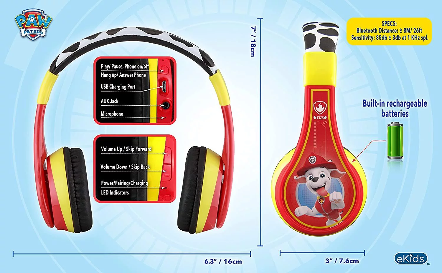 Paw Patrol Marshall Bluetooth Headphones for Kids with Microphone