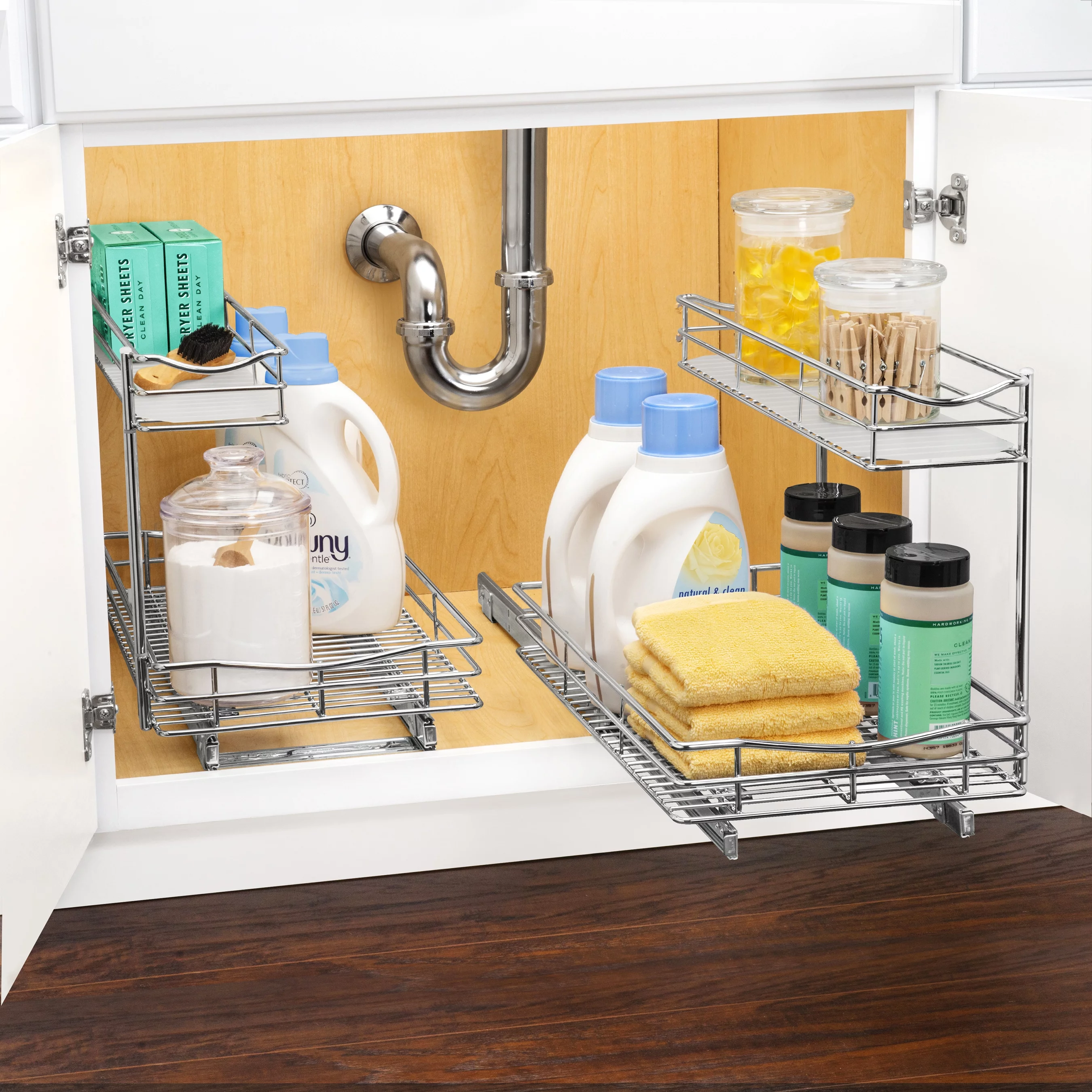 LYNK PROFESSIONAL® Slide Out Under Sink Cabinet Organizer - Pull Out Two Tier Sliding Shelf - 11.5 in. wide x 21 inch deep - Chrome