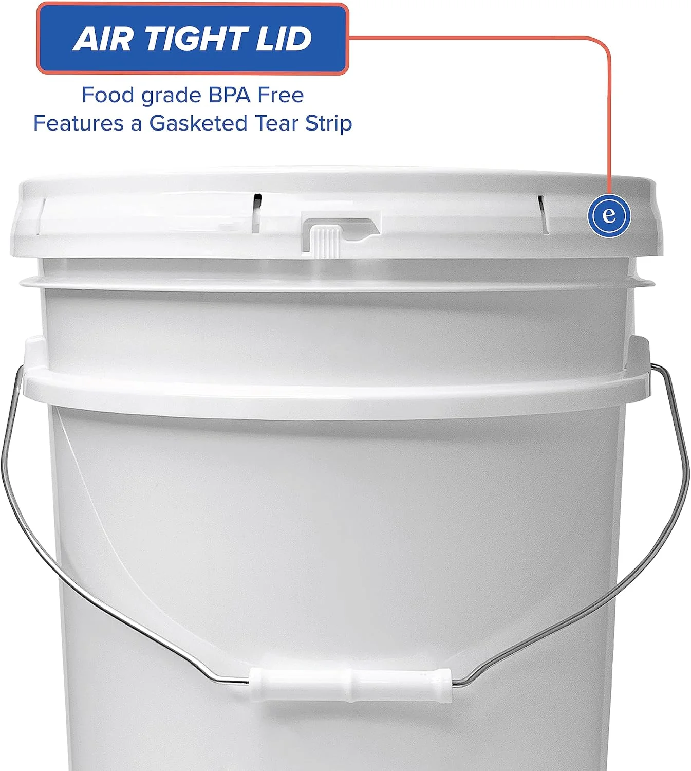 5-Gallon White Plastic Bucket with Lid - Durable 90 Mil All Purpose Pail - Food Grade - Contains No BPA Plastic - Recyclable - Made in USA - 6 Count