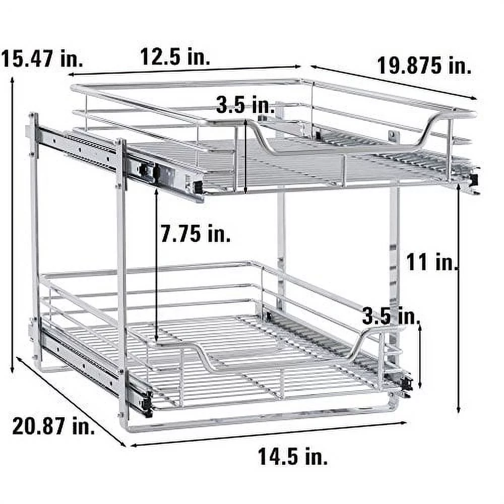 C21521-1 Glidez 2-Tier Sliding Organizer - Dual Pull Out Cabinet Shelf - Chrome - 14.5 Inches Wide