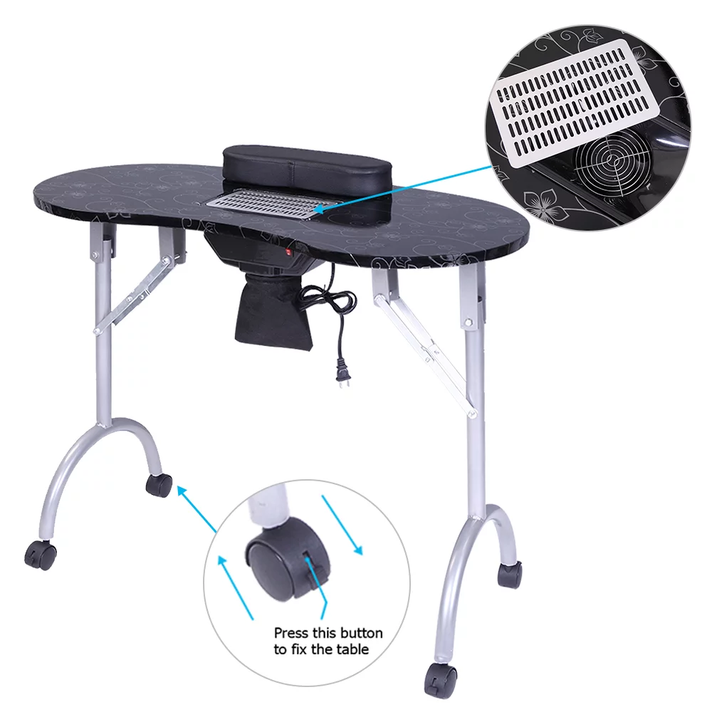 UBesGoo Manicure Nail Table w/Electric Dust Collector, Foldable Home Nail Beauty Technician Desk, Spa Salon Workstation