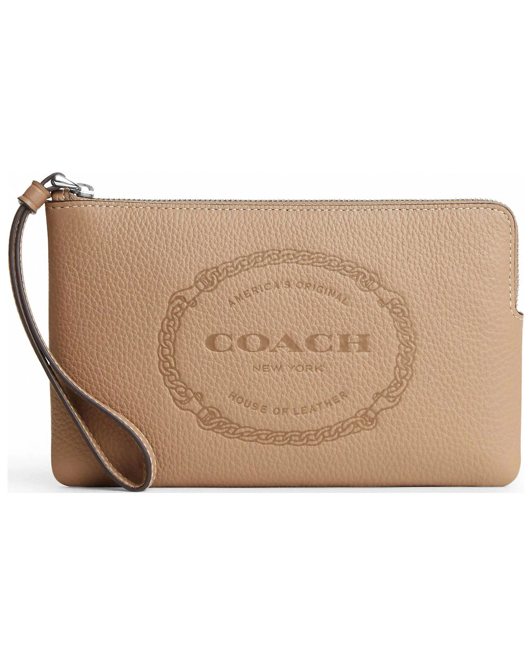 Coach Women's Large Corner Zip Leather Wristlet With Coach Heritage (Taupe)