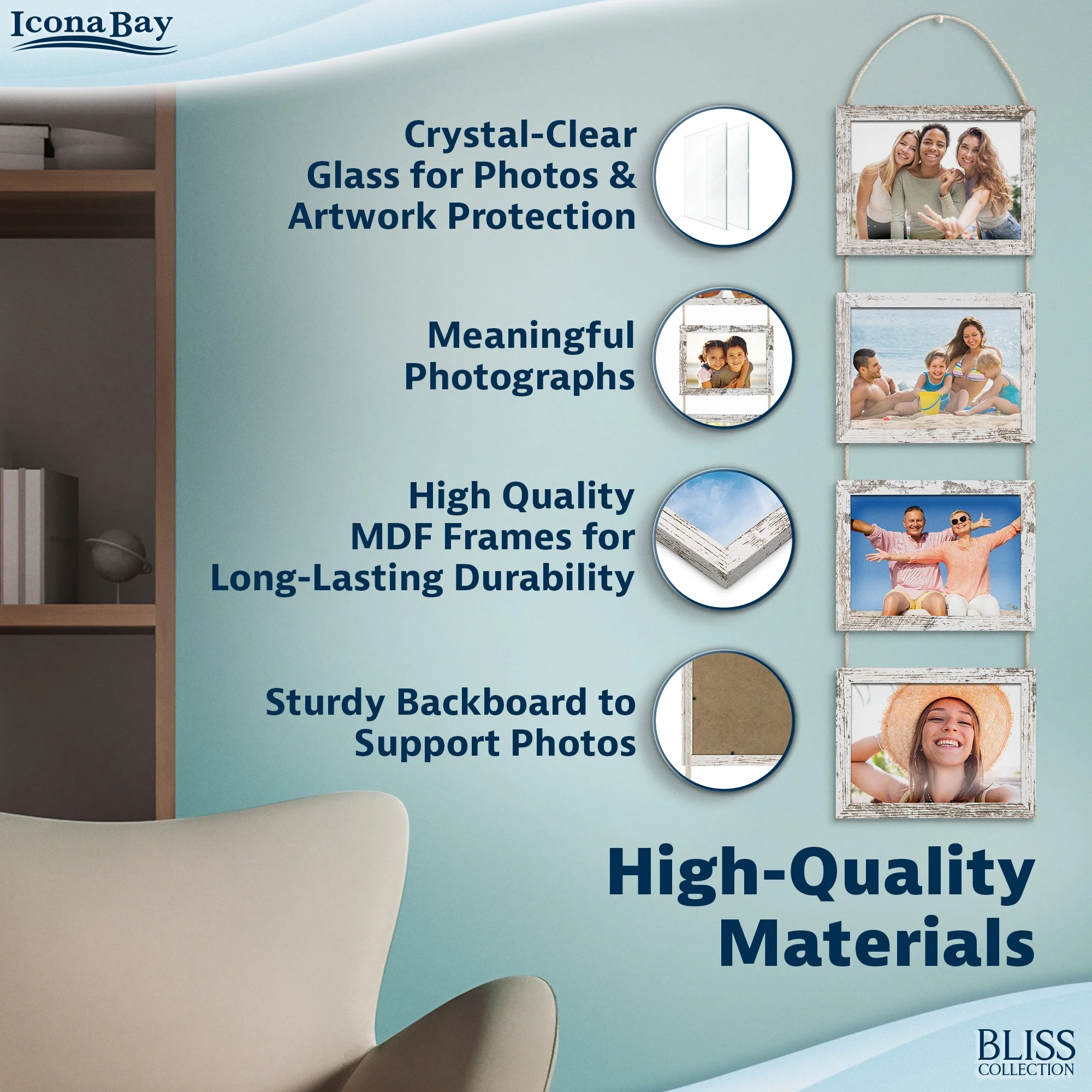 Icona Bay 5x7 Hanging Picture Frames, 4 Distressed White Composite Wood Photo Frames, 1 PK, Bliss Collage Frames