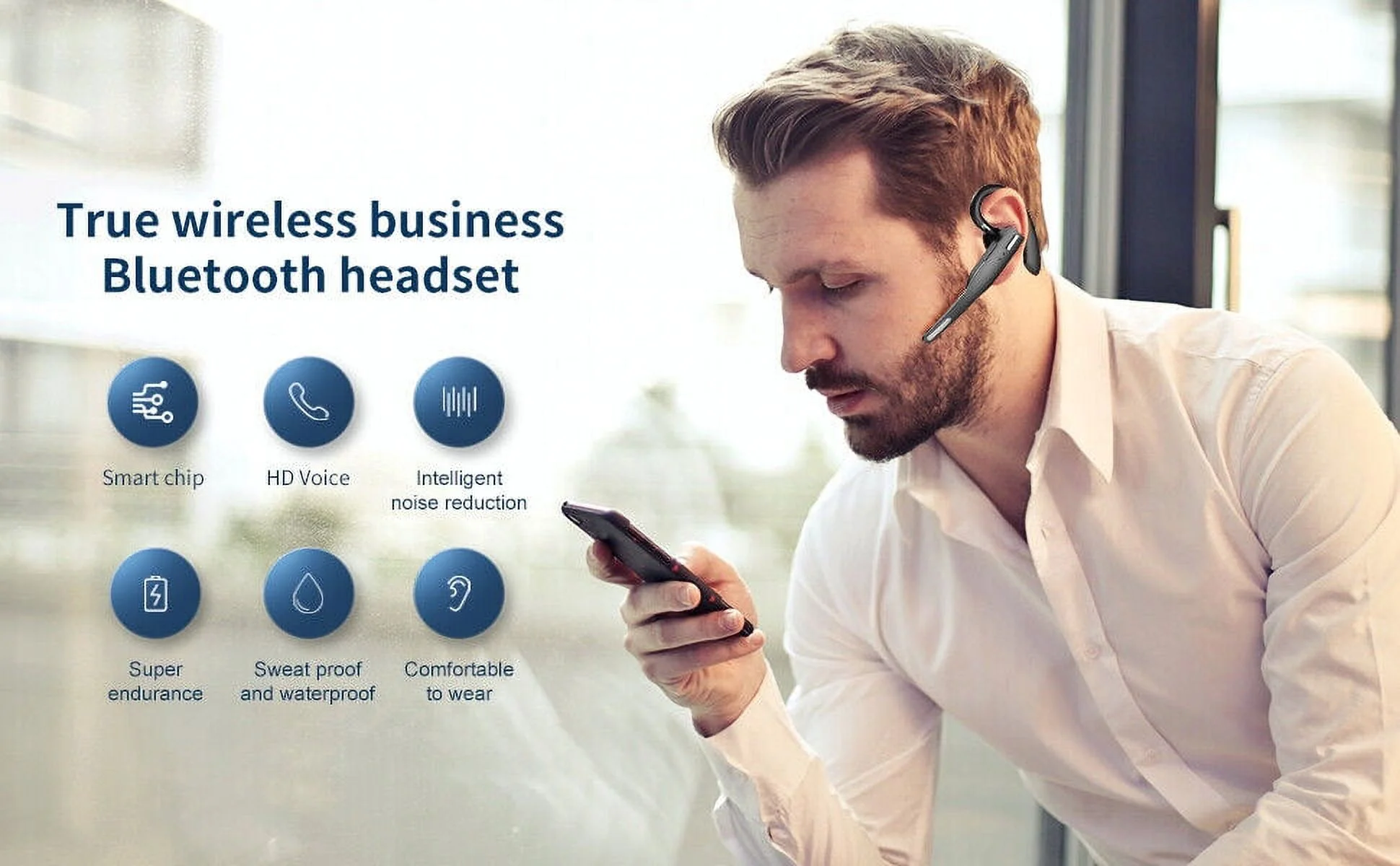 Bluetooth 5.0 Earpiece Dual Mic Earbud Noise Cancelling office Wireless Headset