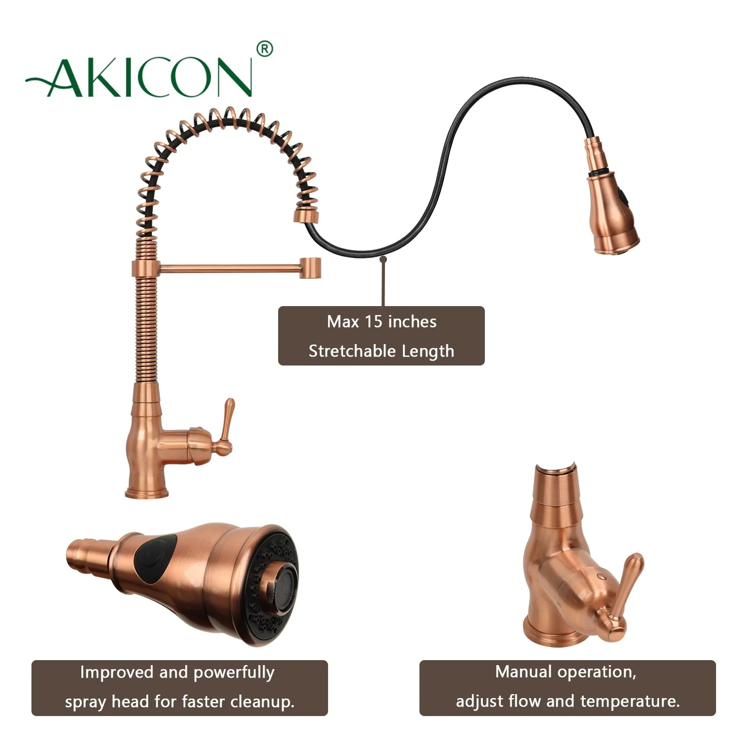 Akicon Pre-Rinse Spring Kitchen Faucet, Single Level with Pull Down Sprayer Copper Copper Finish