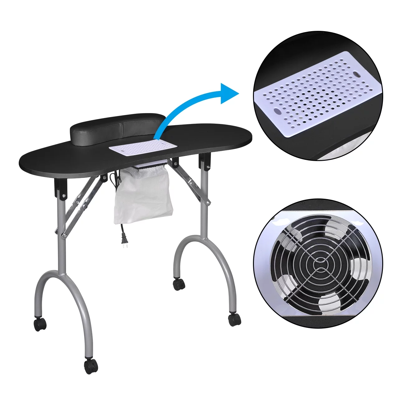 Nail Table, Collapsible Nail Desk, Portable Manicure Table, Folding Nail Tech Table Station with Dust Collector, Wrist Cushion, Lockable Wheels, Carrying Bag for Home Spa Beauty, Black