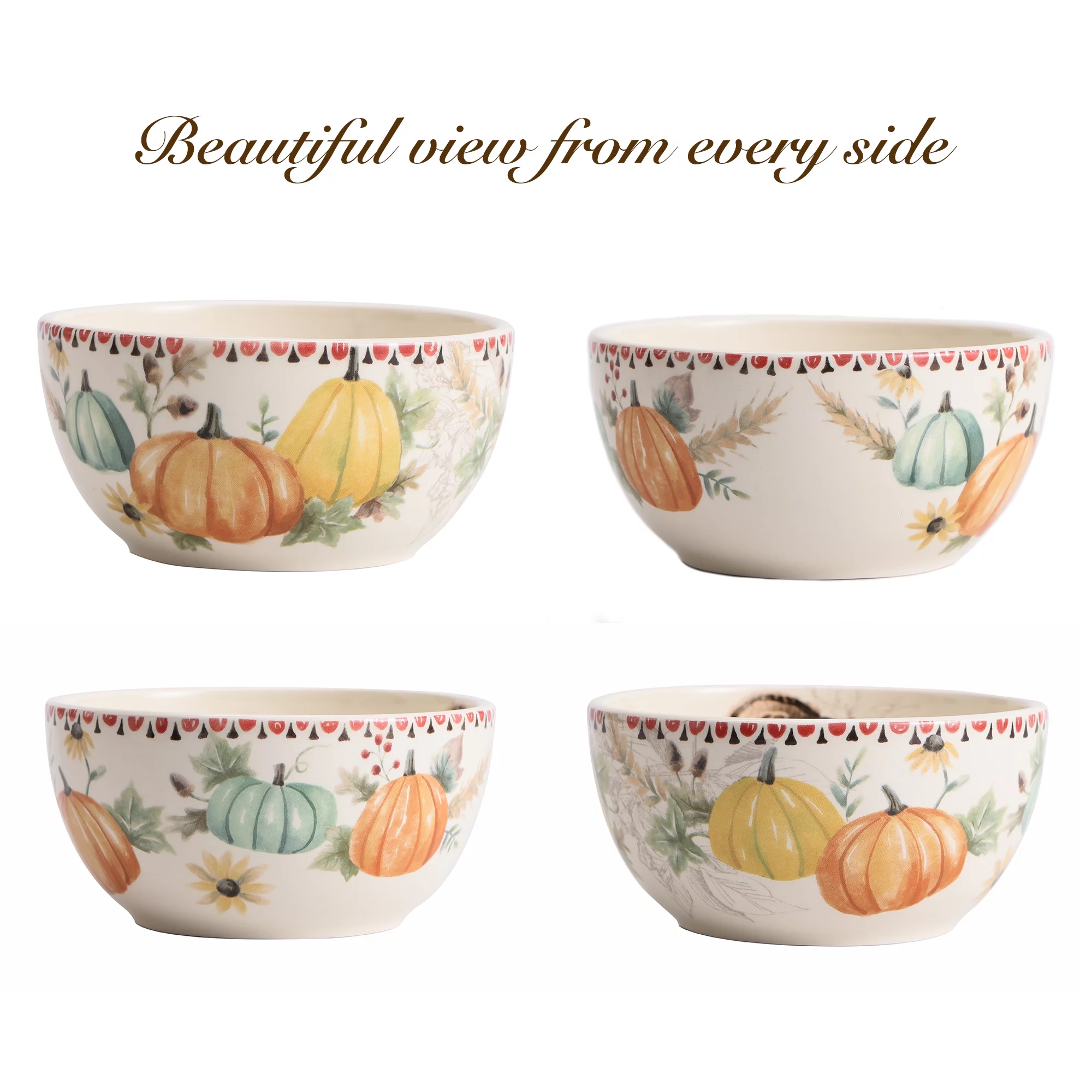 Bico Blessing Season 26oz Ceramic Cereal Bowls, Set of 4, for Pasta, Salad, Cereal, Soup & Microwave & Dishwasher Safe Turkey Design