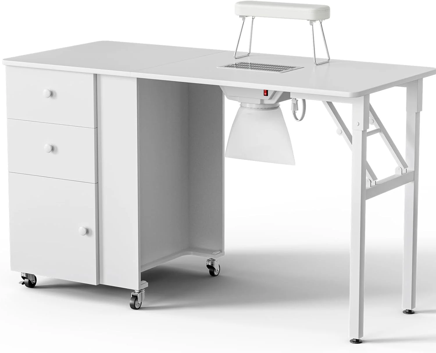 YiSHOP Foldable Manicure Table Nail Desk, Foldable Rolling Nail Table Station with Built-in Dust Collector, Adjustable Length, Wrist Pad & Lockable Rolling Wheels, Storage Desk for Nail Tech(Black)